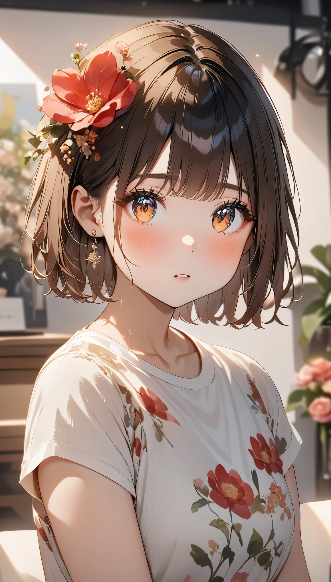 portrait、masterpiece:1.3、one girl、baby face、natural look、very cute、brown hair、short bob、small red earrings、plump lips、no makeup、white t-shirt、focus on face、最high quality、High resolution、Super detailed、high quality、Detailed details、８ｋ、(((blurred background、white wall、white background、White world、flower illustration、flower illustrationの壁、壁にflower illustration、flower illustrationが描いてある壁、photo studio:1.5、cinematic lighting、professional photographer)))