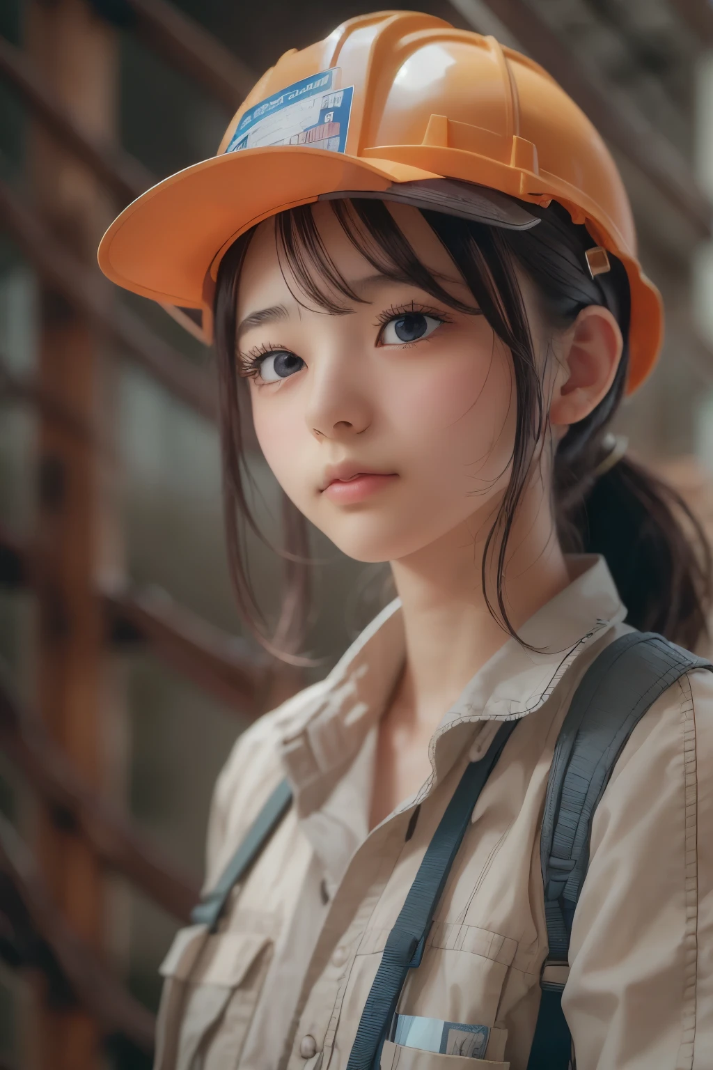 ((sfw: 1.4)),((detailed face, professional photography)), ((sfw, construction worker outfit, pulled back hair, 1 Girl)), Ultra High Resolution, (Realistic: 1.4), RAW Photo, Best Quality, (Photorealistic Stick), Focus, Soft Light, ((20 years old)), ((Japanese)), (( (young face))), (surface), (depth of field), masterpiece, (realistic), woman, bangs, ((1 girl))