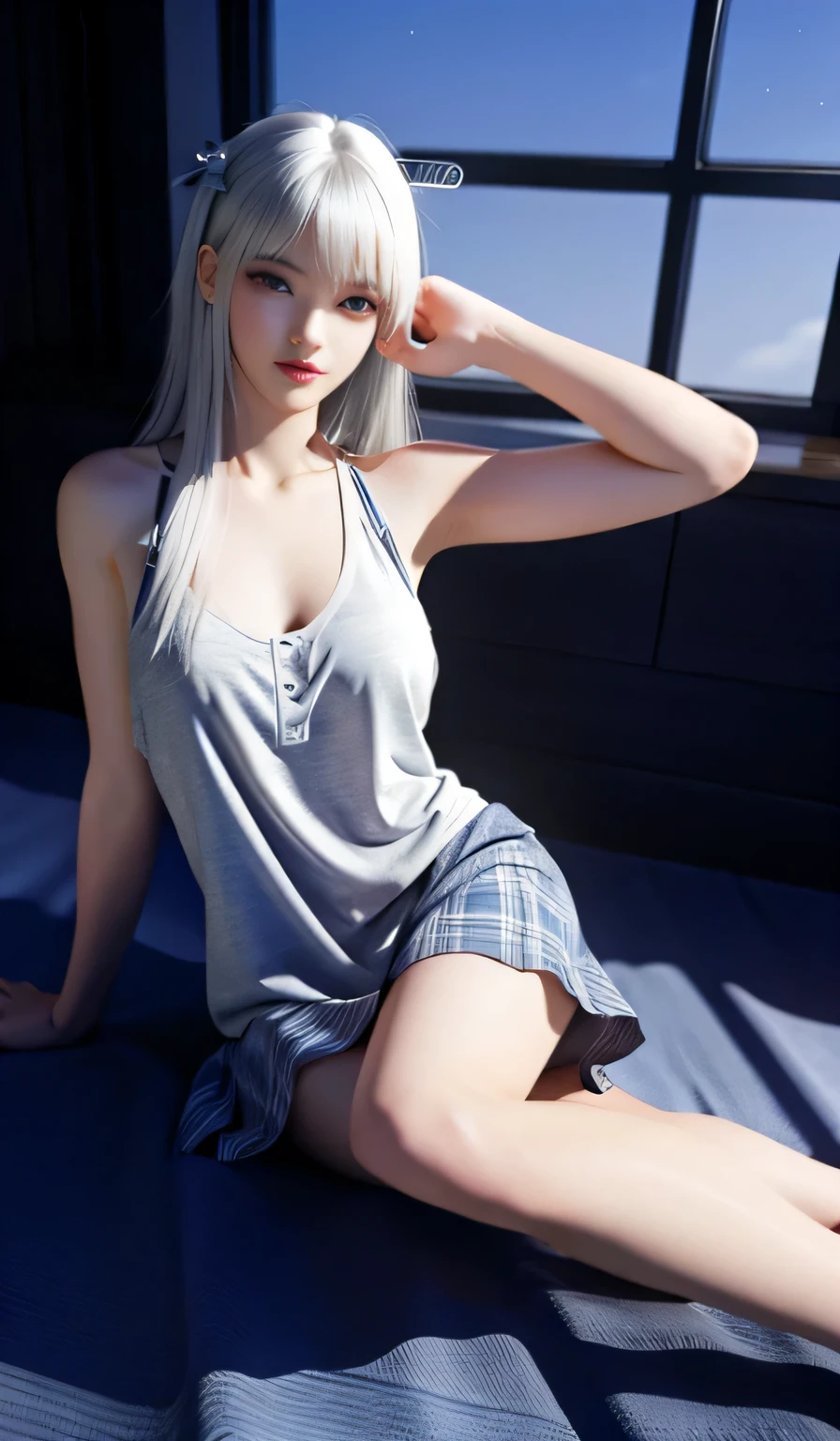 masterpiece，best quality，official art，Highest resolution，（detailed：1.6），sleeping girl，stunning appearance，Perfect body，lying flat on bed，look at sky，realistically，She is wearing a miniskirt，Wear a see-through color tank top，breast enlargement，Silver hair，solo，3d，exquisite，Full body female love，Random shooting angle，Random pose