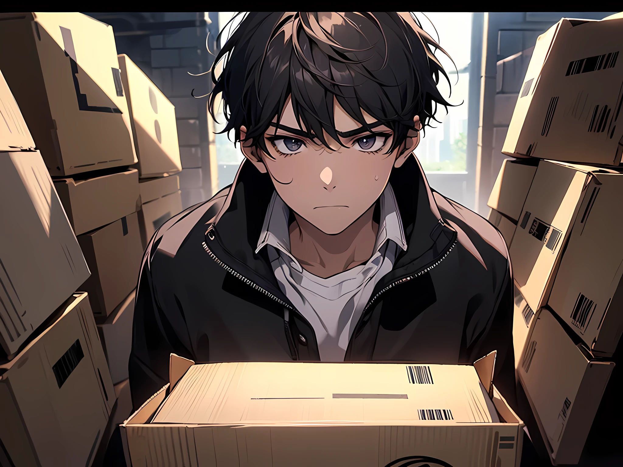 a young boy, wearing black sports jacket, lifting a cardboard box, sad face, tired face, sweating, working as illegal workers, showing only upper body (super intricate details), face to detail, detailed eyes, anime art style, high quality 8K anime wallpaper, RGB lighting