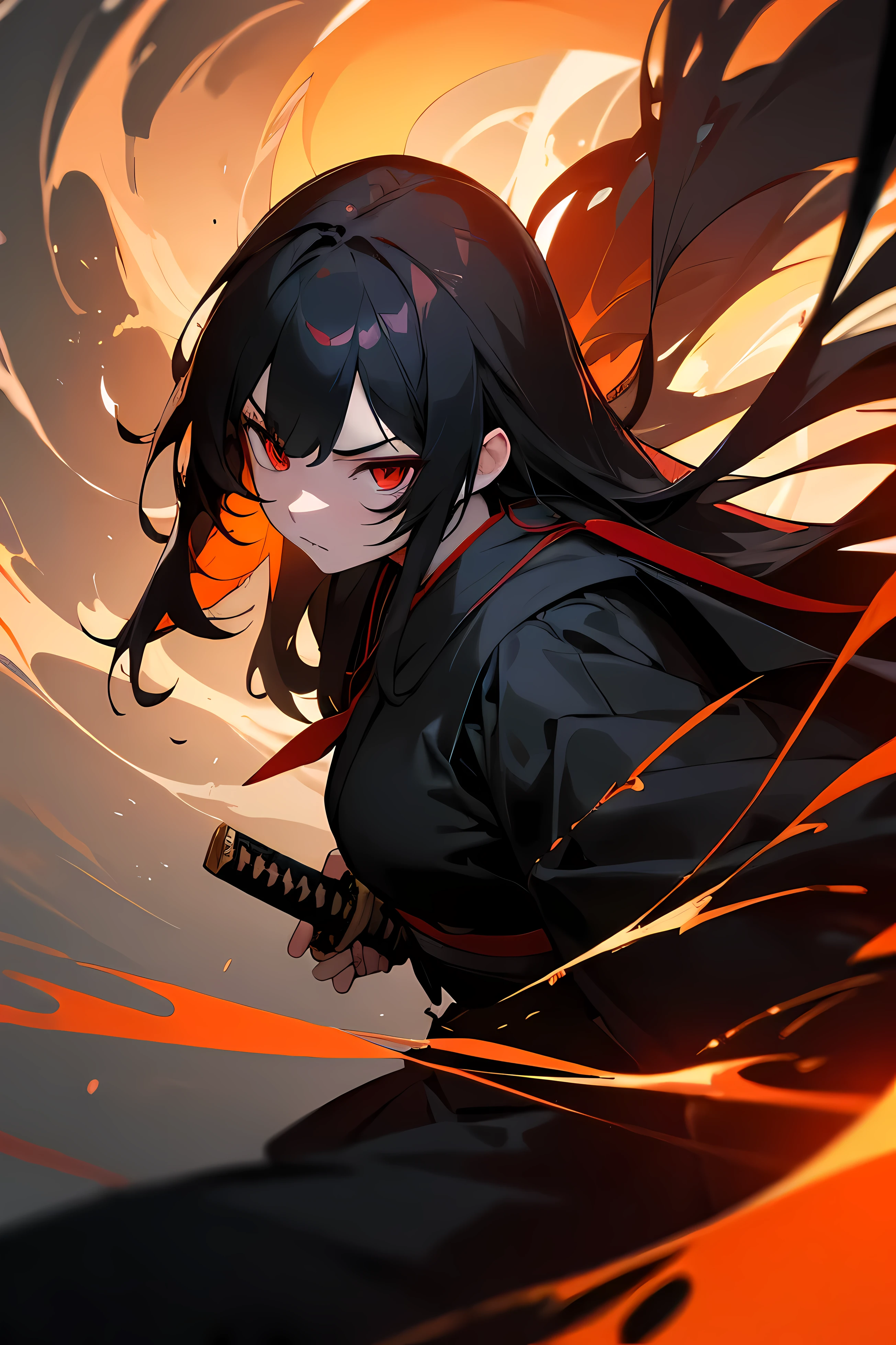 1girl, Japanese school girl, Sie hat glattes langes schwarzes Haar, Red eyes and an evil one, entschlossener Blick. She wears a black and red modern Japanese and a long black coat. walking down the street. Ein Katana in der Hand halten. Das Katana ist von Flammen bedeckt. lebendiges Aussehen, kreatives Verhalten, fantasievoll, , spontan, , highest quality, Hauttextur, Komplizierte Details, (filmische Beleuchtung), RAW-Foto, 8k, Meisterwerk,Best quality,Ultradetailliert,sehr detaillierte Abbildungen,extremely detailed,Komplizierte Details,highres,superkomplexe Details,extremely detailed 8k cg wallpaper