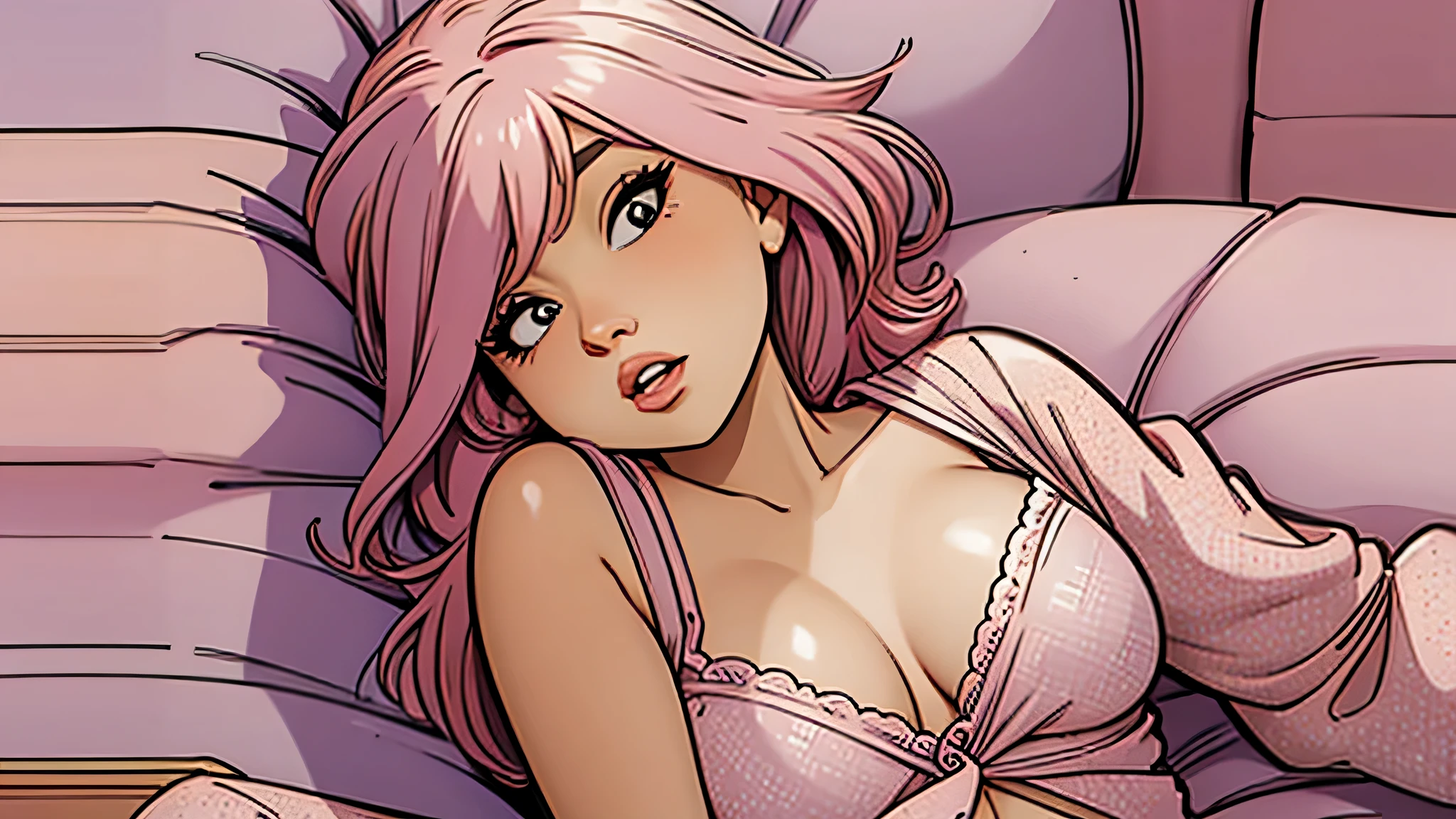 pink hair, lying down, 