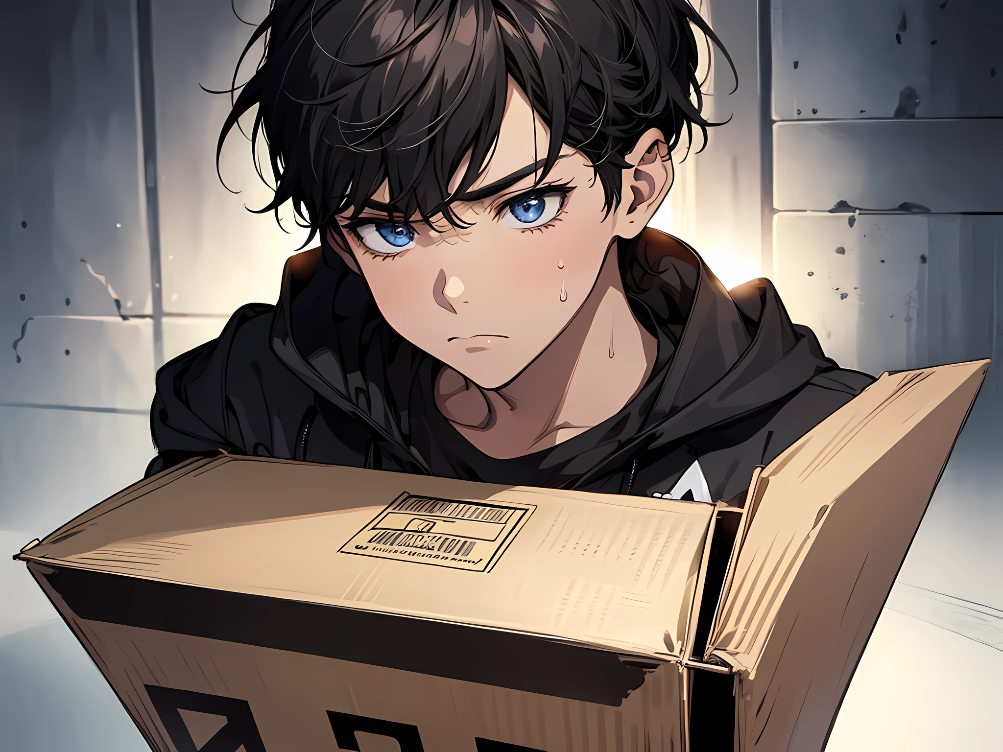 a young boy, wearing black sports jacket, lifting a cardboard box, sad face, tired face, sweating, working as illegal workers, showing only upper body (super intricate details), face to detail, detailed eyes, anime art style, high quality 8K anime wallpaper, RGB lighting