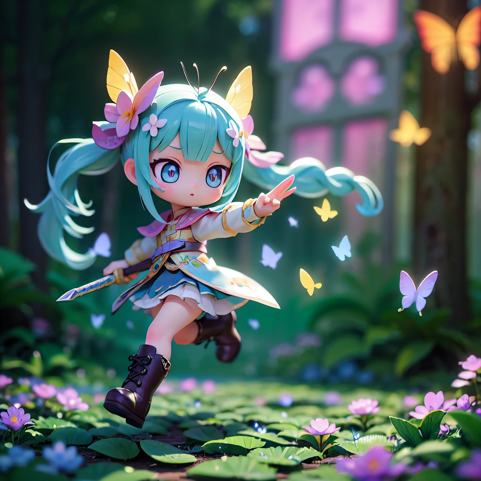 Octane Render、(Hyper-detailing: 1.15)、cinematic lightening、Sword Practice、long sword、Knee-high boots、super fine eyes、Full Paint、(floral hair ornament、butterfly hair ornament)、muste piece、anatomically correct、Blur、Depth of the bounds written
