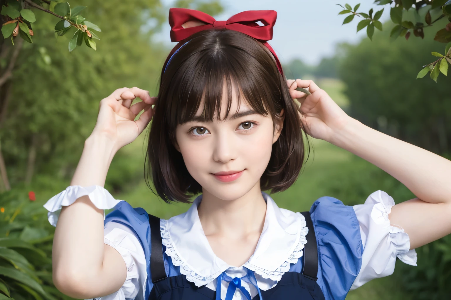 188 (alice in wonderland), (Wearing a large ribbon on his head), short hair, young woman, gentle smile