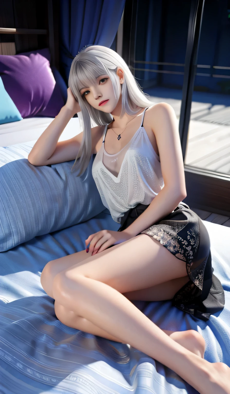 masterpiece，best quality，official art，Highest resolution，（detailed：1.6），sleeping girl，stunning appearance，Perfect body，lying flat on bed，look at sky，realistically，She is wearing a miniskirt，Wear a see-through color tank top，breast enlargement，Silver hair，solo，3d，exquisite，Full body female love，Random shooting angle，Random pose