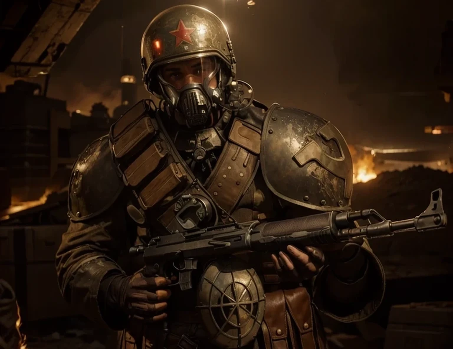 male soldier, gray iron helmet, tactical gas mask with tubes, brown Soviet style military uniform with red details, metal shoulder pads, communist symbols, belts with ammunition, holds a tommy gun, is on a post-apocalyptic totally destroyed city, explosions, lots of fire, dead soldiers, ultra detailed, hyper realistic, battlefield, 4k, ultra detailed image, realistic, highly detailed, perfect composition, splendid, intricately detailed, incredibly detailed, Artistic photography in 8K, hyper detailed, Masterpiece