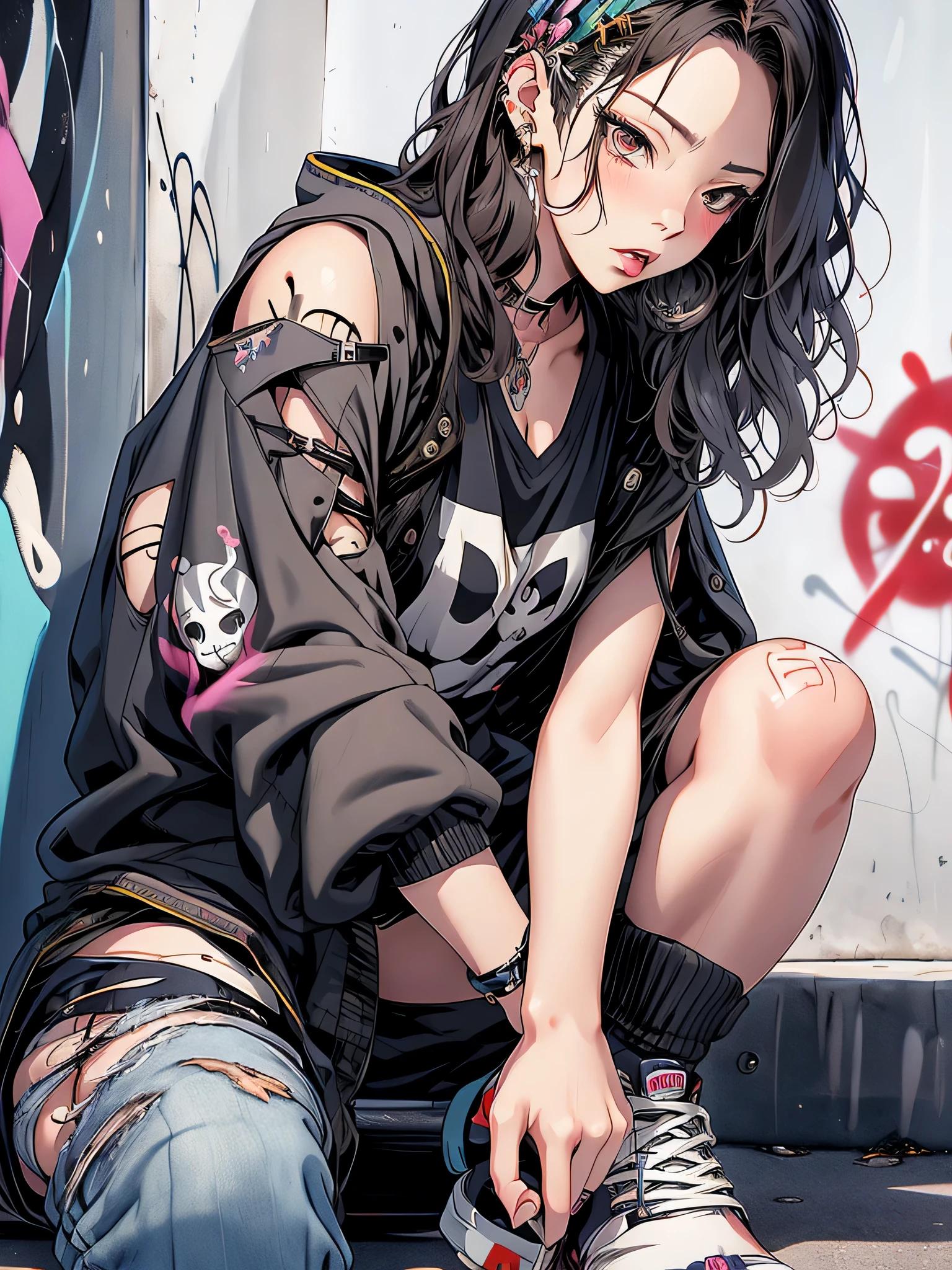 masterpiece, highest quality, pixiv, one cool girl, the strongest pirate girl, (((Japanese)))、Horikita Maki、small breasts、Completely naked、lips in love, dark brown hair, bob hair, gray eyes, white skin, gal, provocative、(((graffiti art))),　SKULL