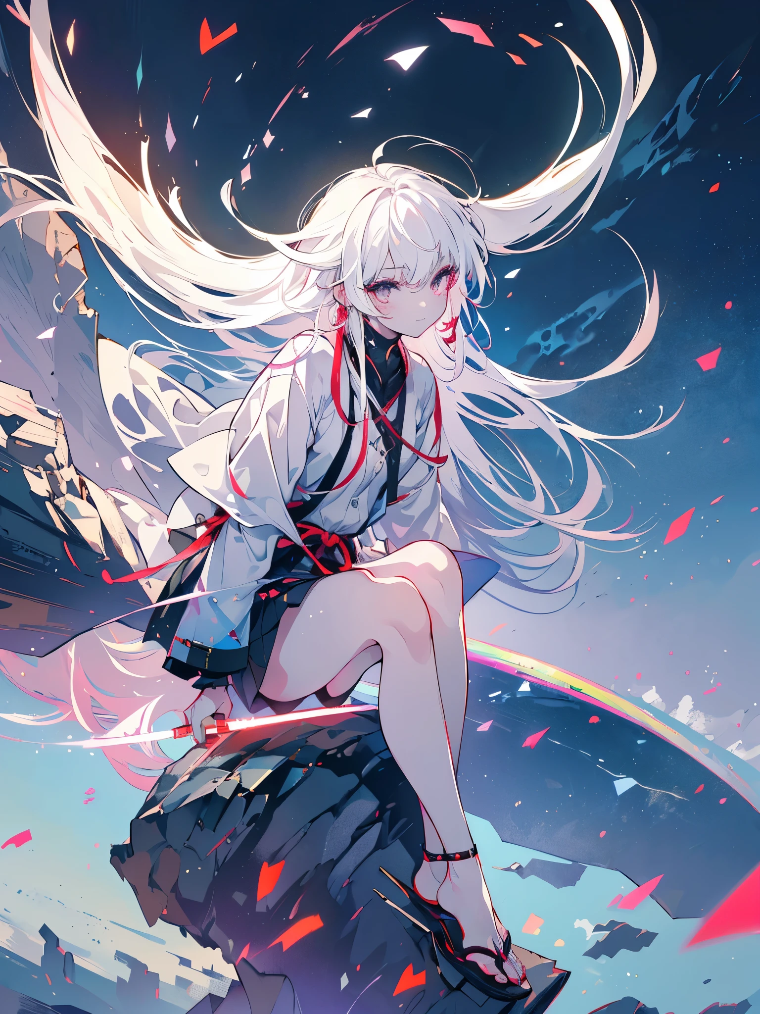 a girl, youkai girl, white hair, sideburns with ribbons, long sideburns, colorful eyes, luminous earrings, devilish smile, white hair, (((sitting on a rock, with only one foot on top, and winds blowing her hair and her clothes))), full body, naughty, {extremely detailed 16k CG unit wallpaper}, expansive landscape photography, (a low view with focus on the scenery), (wide view of open field), (shot in low angle), (high light: 1.2), (low light: 1.2), (warm light source: 1.2), complex details, (iridescent colors: 1.5), (bright lighting), (atmospheric lighting), dreamy, unique
