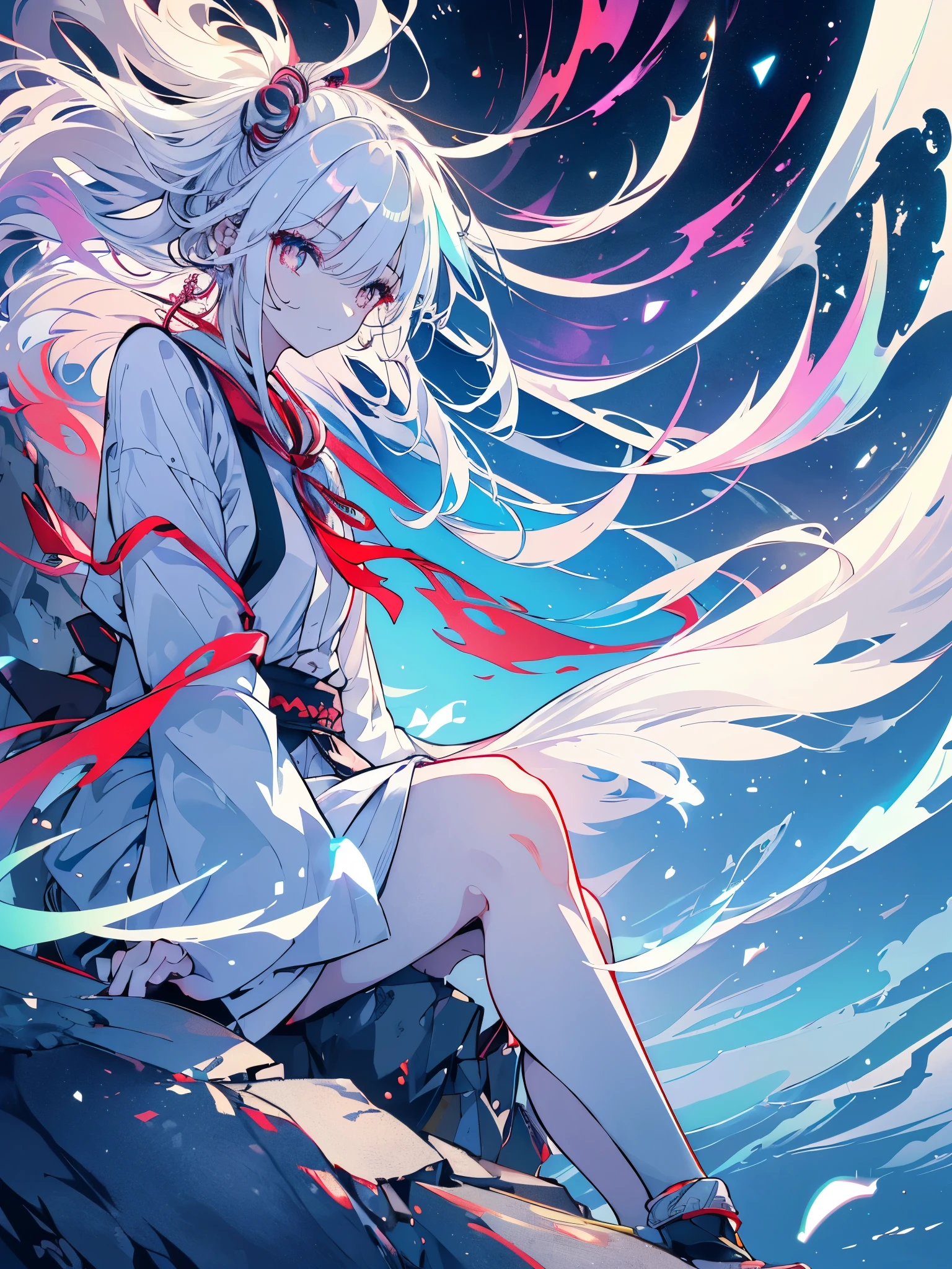 a girl, youkai girl, white hair, sideburns with ribbons, long sideburns, colorful eyes, luminous earrings, devilish smile, white hair, (((sitting on a rock, with only one foot on top, and winds blowing her hair and her clothes))), full body, naughty, {extremely detailed 16k CG unit wallpaper}, expansive landscape photography, (a low view with focus on the scenery), (wide view of open field), (shot in low angle), (high light: 1.2), (low light: 1.2), (warm light source: 1.2), complex details, (iridescent colors: 1.5), (bright lighting), (atmospheric lighting), dreamy, unique
