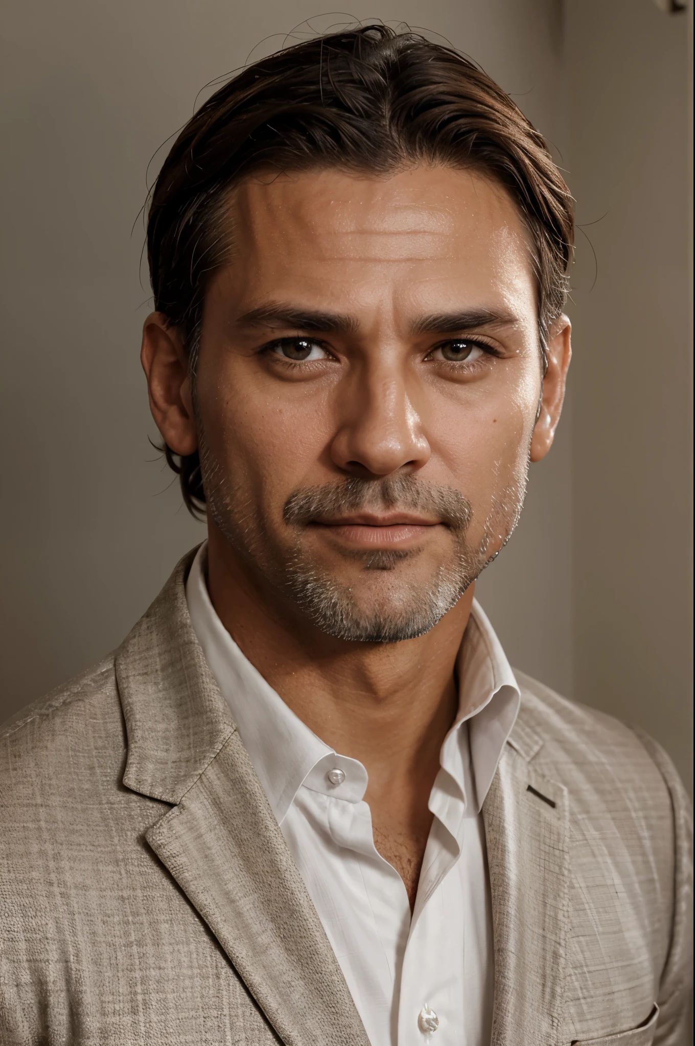 a 47 year old man, with short brown hair,barba Blanca cara de diamante, mirada estricta, y ojos marrones, vistiendo camisa blanca con corbata y gafas.