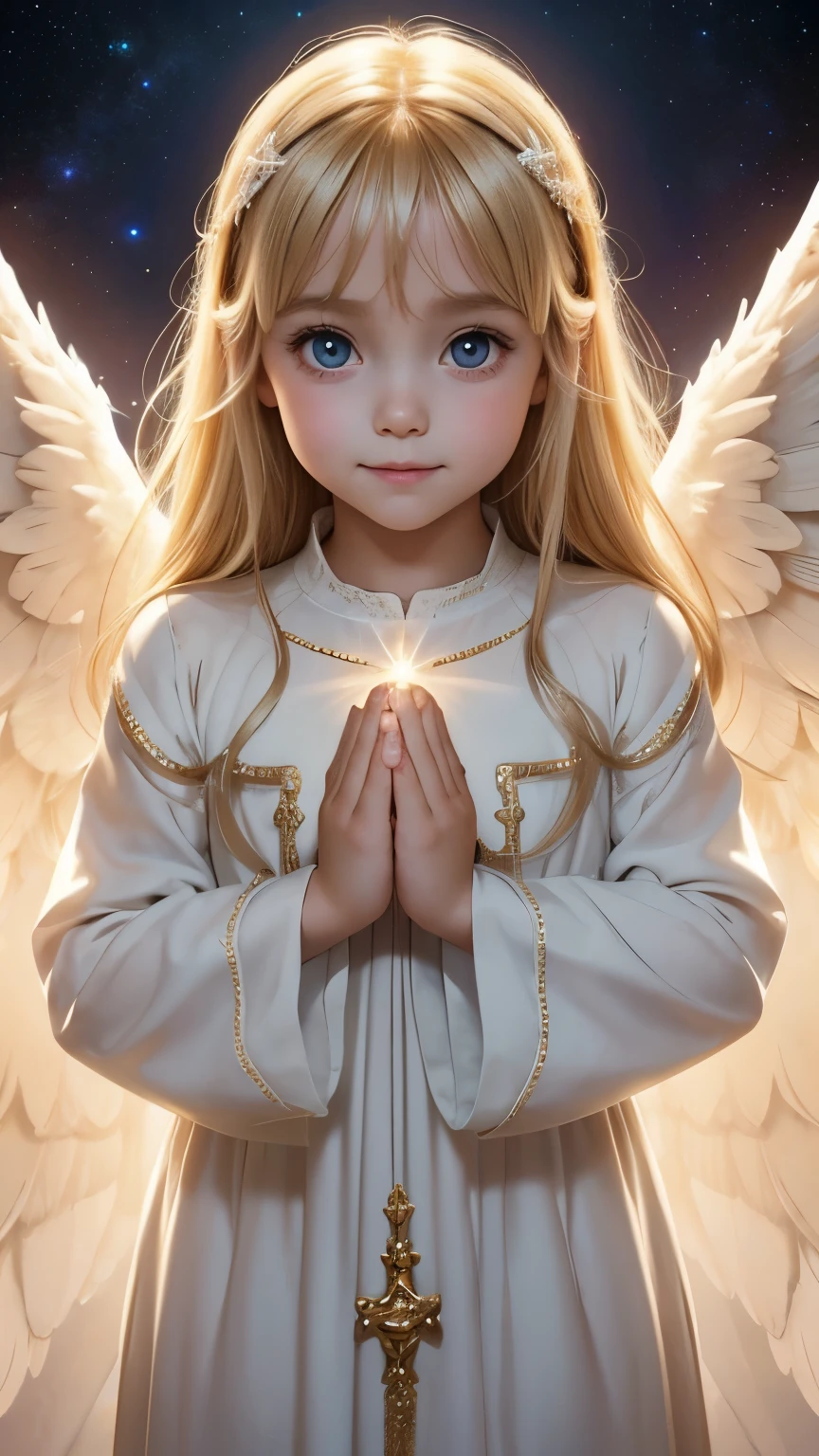 from front, looking straight at viewer, from above:1.2, toddler angel, gentle smile, big eyes, blonde, A neat god with sleeves that hide his chest々Dresses, Angel wings on the back, Glowing space background, Prayer-like pose, photorealistic
