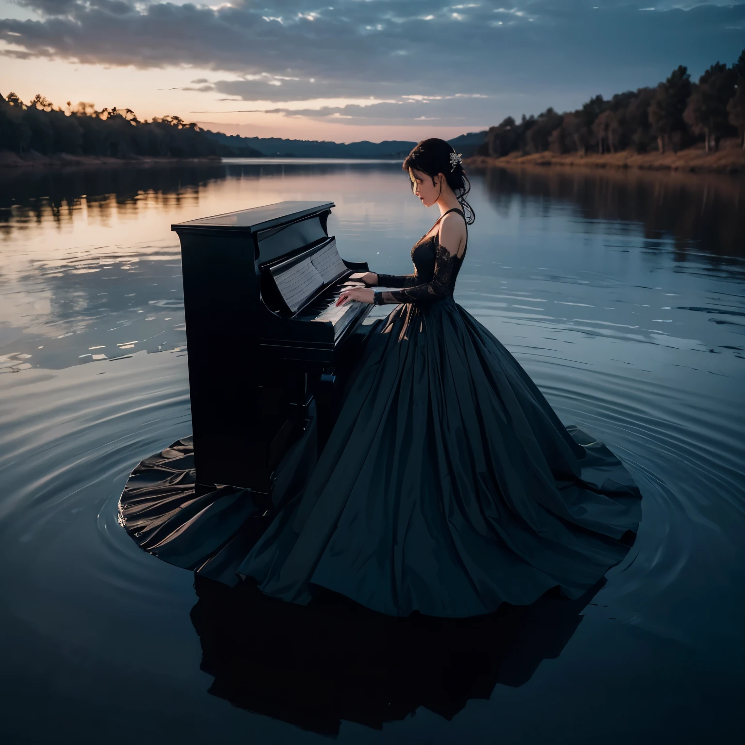 levitate , floating on the water , point of view from the water surface , front view, close eyes , beauty face ,Immerse yourself in a narrative-rich portrayal of woman in a very long black wedding dress , playing the piano passionately over the middle lake water, the twilight sky adds a deep sense of sadness to the feel of the scene , with dry trees adding a deep sense of sadness . Captured in full-body detail . The scene is a high-fidelity recreation, rich in specific details, encapsulating the intensity of a suspense-filled moment. The composition is bold and dynamic, employing techniques like HDR and DTM to enhance the visual impact , achieving a level of ultra-detailed 16K realism that is nothing short of superb. high-quality , cinematic , vibrant,