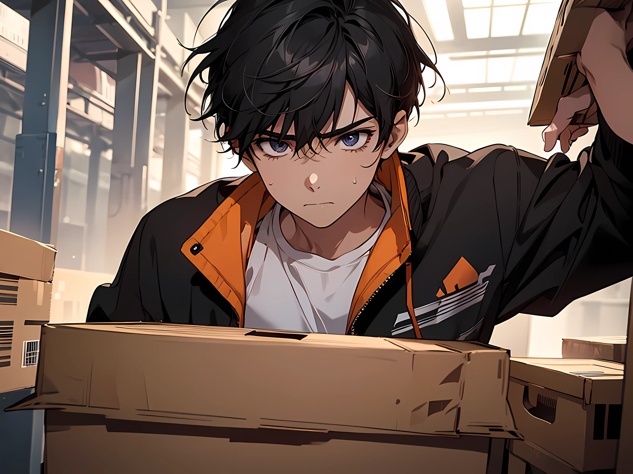 a young boy, wearing black sports jacket, lifting a cardboard box, sad face, tired face, sweating, working as illegal workers, forced labor, showing only upper body (super intricate details), face to detail, detailed eyes, anime art style, high quality 8K anime wallpaper, RGB lighting
