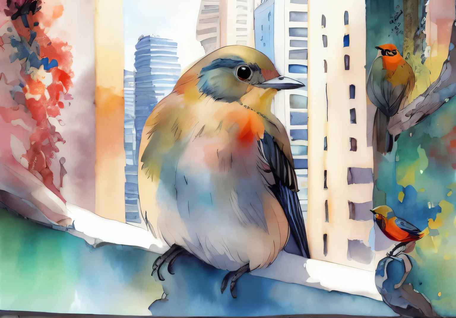 painting of a bird sitting on a ledge in front of a city, perched on a skyscraper, pintura digital em aquarela, robin, an illustration, pintura colorida em aquarela, uma pintura em aquarela, city birds eye view, aquarela digital, watercolor illustration, aquarela digital painting, illustration!, no estilo da pintura digital, full color illustration, is looking at a bird, expandir fundo