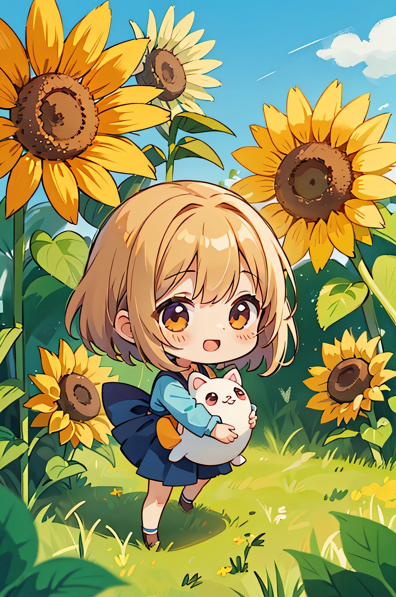 cute girl (((Chibi))) cute, stylish clothes, best smile, hug my mother、sunflower field