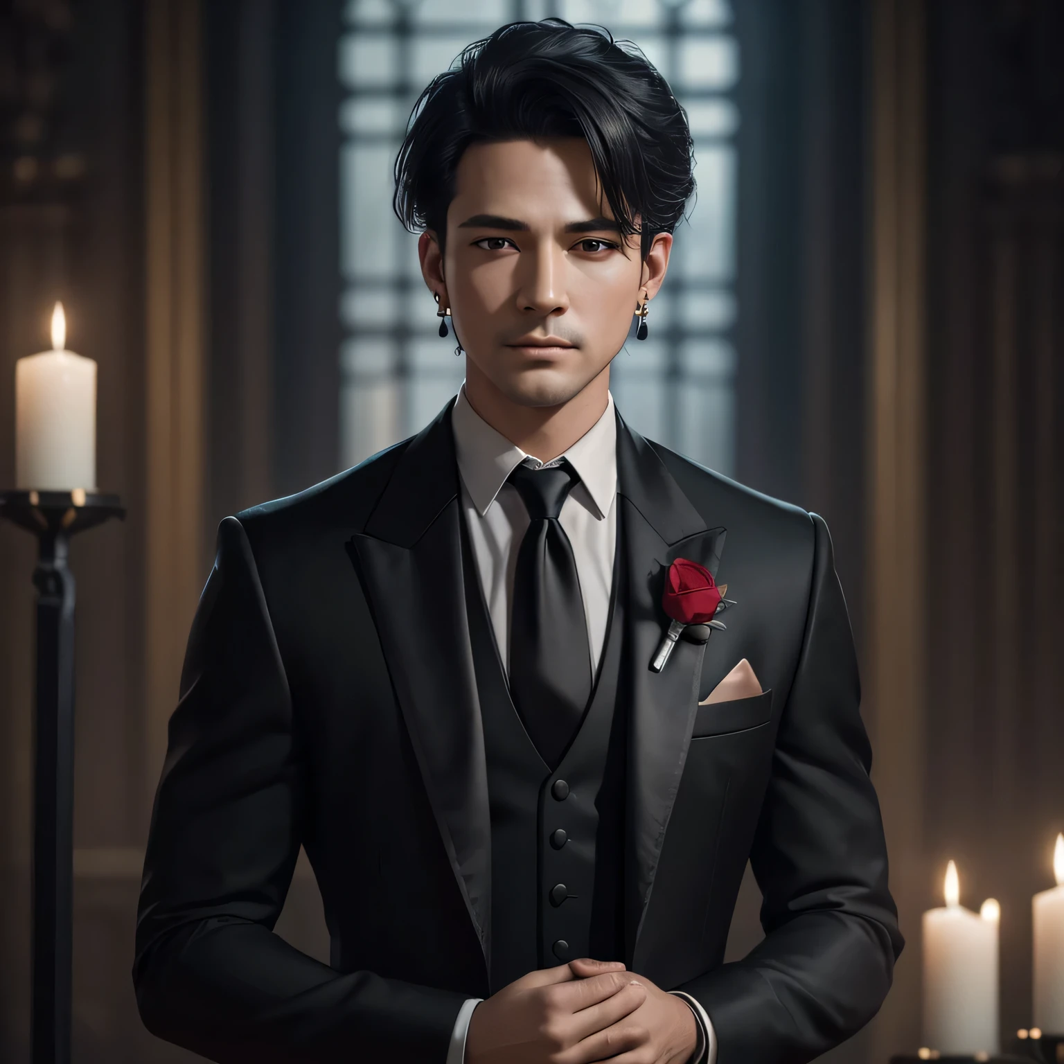 (Masterpiece), best quality, highest quality, highly detailed CG unity 8k wallpaper, original, high resolution, (depth of field: 1.5), fidelity: 1.3, masculine, groom portrait style, boy facing right, altar background, black wedding suit, red wedding necktie, solo, earrings, black_hair, 