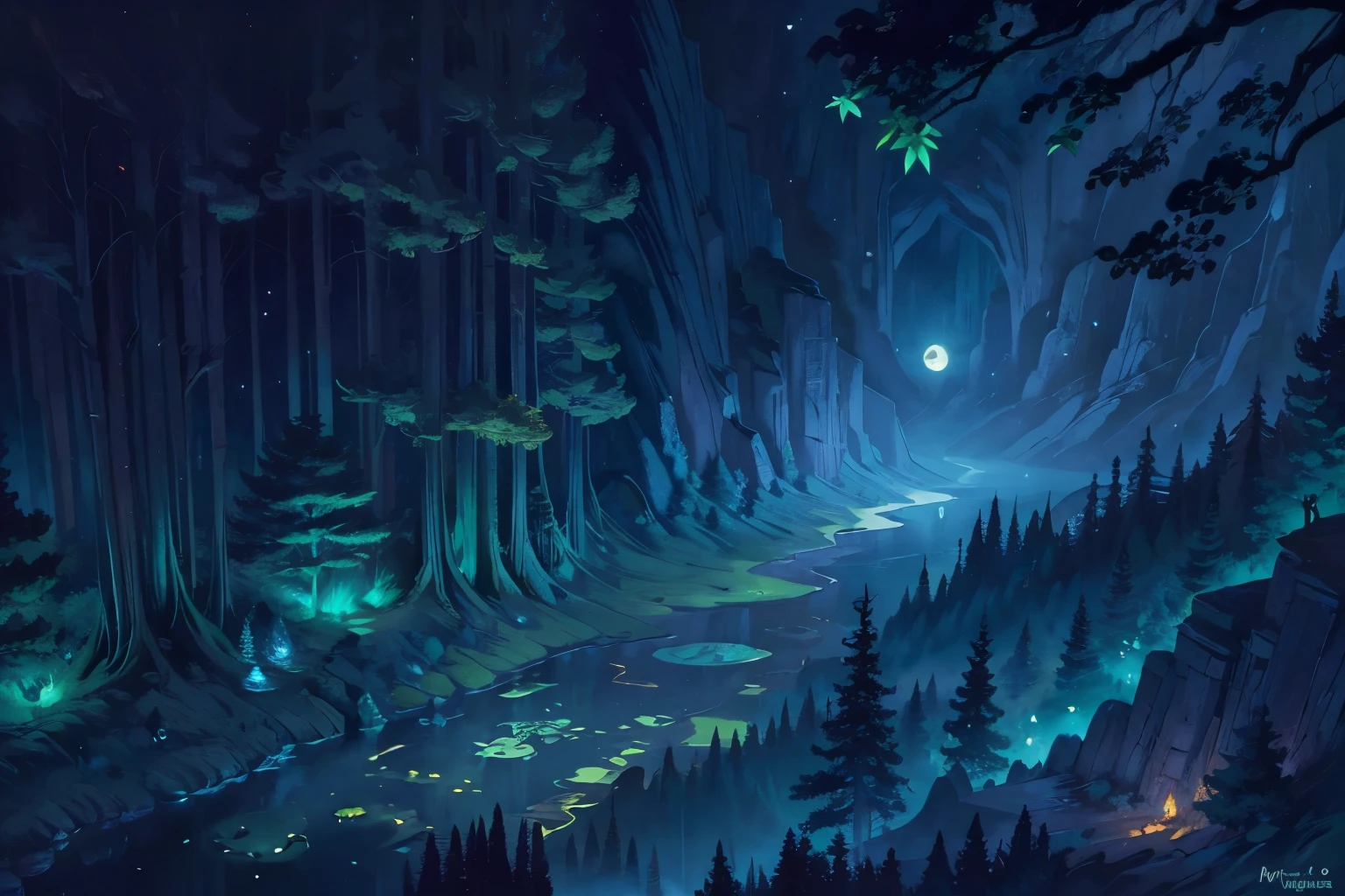 forest, shadows, moonlight, ghostly, fire, light, magic flames, darkness, trees, leaves, wind, cliffs, magic, fireflies, eerie, wonderful, mystery, eyes, green, colorful stars, view from low angle, view from ground, emerald, castle on cliff, towers, spire, emerald glow