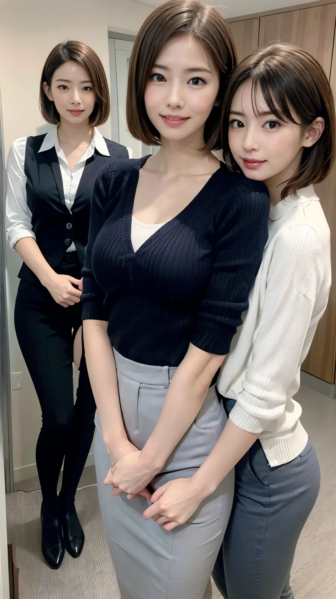 (highest quality, masterpiece, realistic, Super detailed, ultra high resolution, to be born:1.3), ({Kitagawa Keiko|Ayase Haruka|Kanna Hashimoto|})，(3 very cute girls:1.５), ((Messy side wave short hair for delicate hair between brown and blonde)), Japanese, 25 years old，office workers, (tight knit, wearing red lace panties), ({ Silver| wine-red| navy| pink| yellow green| violet| sky blue} Clothes), (smile), (bangs), high waist, necklace, (office, indoor, glass room), (long legs, high heels, full body:1.2), (Medium chest:1.3), (crowd), (((clean hands)))，(((とても優しいsmile))), light shines on your face, highly detailed face, 