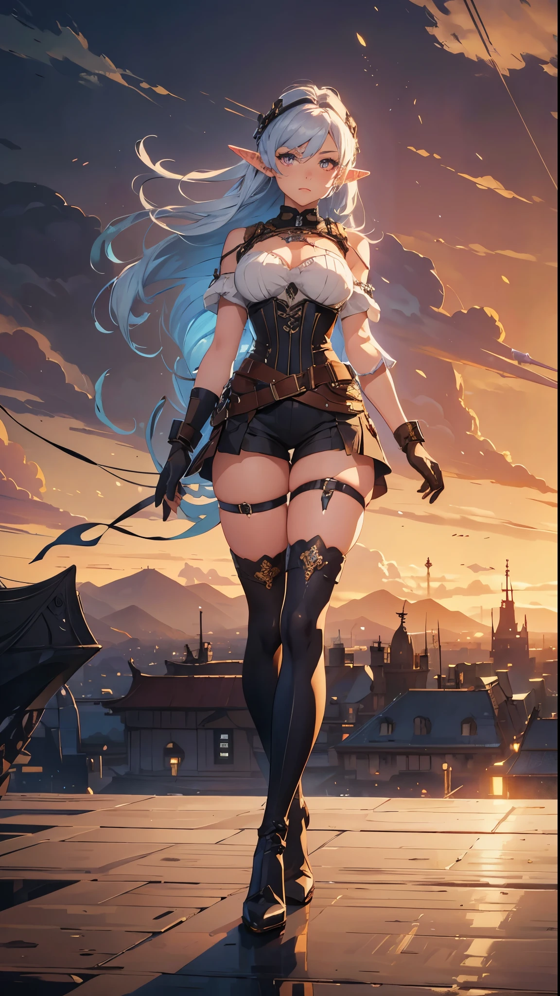 masterpiece, high quality, illustration, extremely detailed, cg unity 8k, airship, wind effects, 1_woman, full body, standing on the wooden ship deck, clouds, lake, (exotic skin_complexion:1.4),mature, statuesque, tall, beautiful, exotic, with long elf ears, looking to the side, two toned hair, long silver hair with blue hair underneath, detailed face having diamond shaped eyelue_eyes), (dark_eyeliner), long_eyelasheedium_bust, thigh_gap, wearing Steampunk corset, chest window, brown shorts, crossing belts, (goggles on head), red tinted goggle lenses, long fingerless_gloves, belts with metal gears, brown half skirt, hands on hips, black thigh highs with embroidery, knee boots with laces,  dynamic lighting casts detailed shadows, by canon dos, sigma art lens 35mm f1.4, iso 100 shutter speed 2000, perfect hands, 