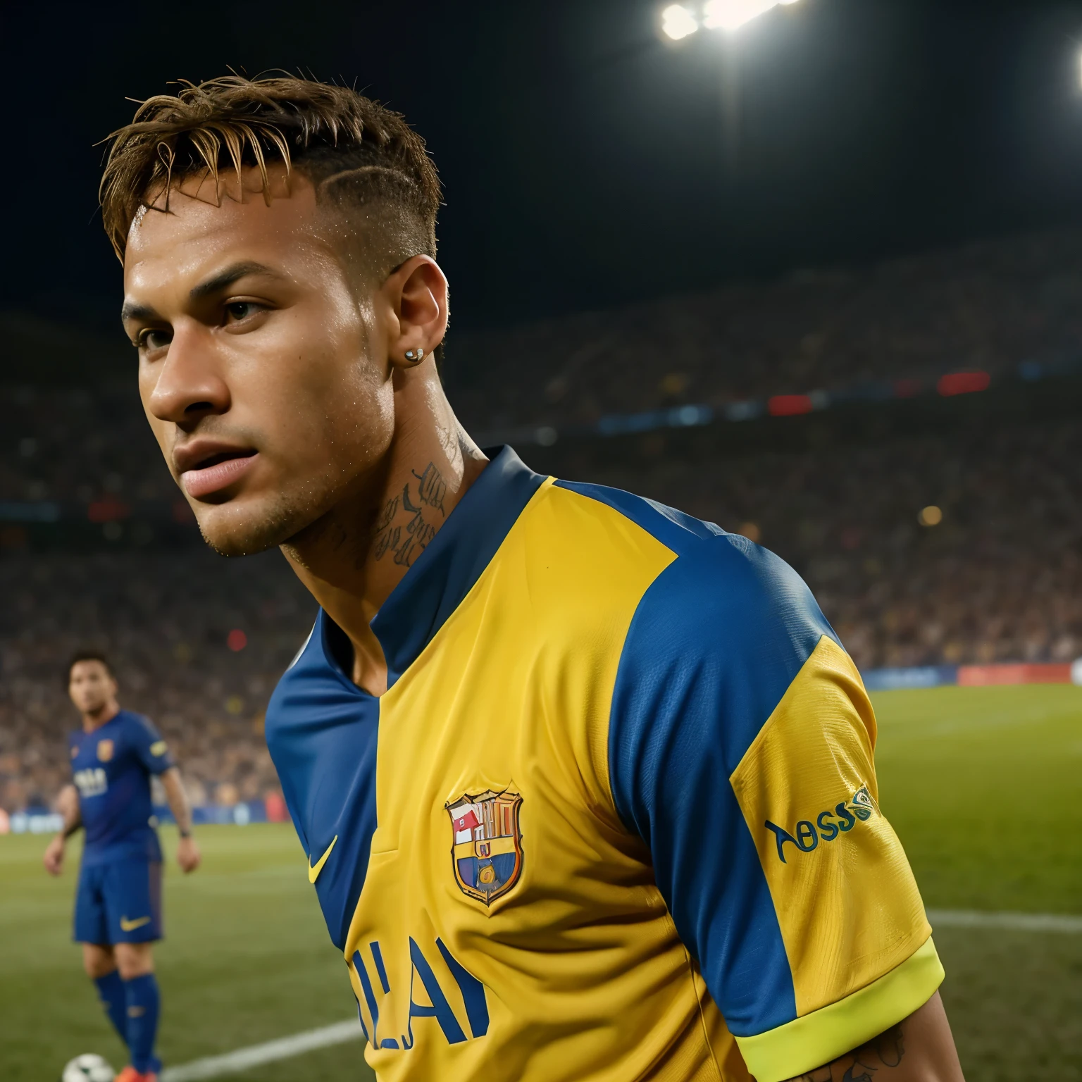 realistic, ultra-detailed, tense scene, soccer stars, Neymar in blue jersey, Messi in yellow jersey, Cristiano Ronaldo in red jersey, intense gaze, sharp focus, high resolution, masterpiece, best quality, intricate details, natural facial expressions, professional photography, 4k, photorealistic, ultra-realism, soccer field background, dramatic lighting, intense body language, stories of rivalry, football legend, action-packed, 8k UHD, sports photography.
Neymar, in a blue soccer jersey, locks gazes with rival Messi, clad in a yellow jersey, as Cristiano Ronaldo, wearing a red jer