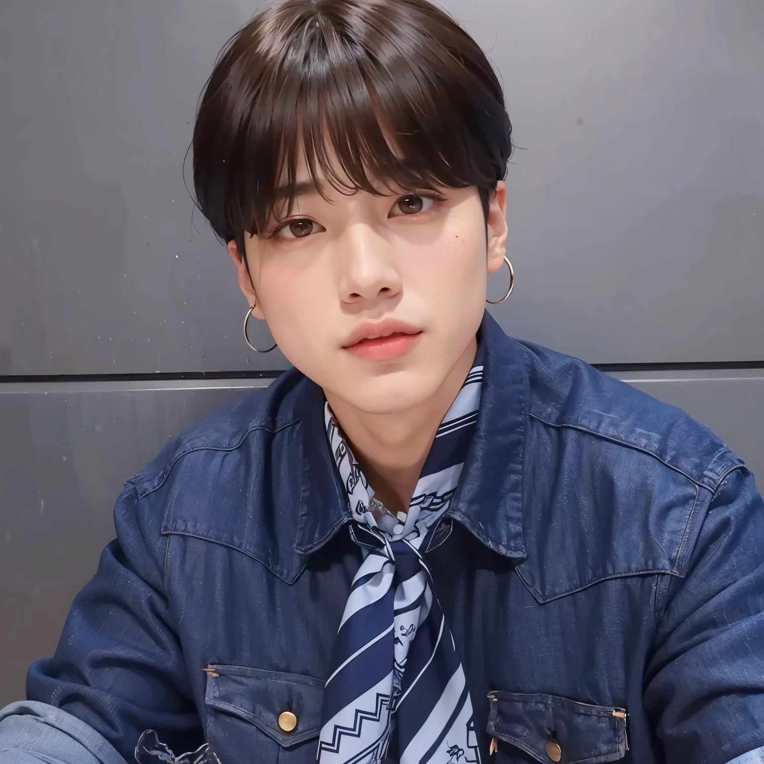homem arafiado vestindo gravata e camisa jeans sentado em uma mesa, Jimin, park Jimin, Kim Doyoung, Jimin\the full lips, accurate Jimin face, hyung tae, Jimin\o nariz grego, Jimin\the right eyelid is swollen, Jungkook, Jung Jaehyun, Retrato de Jossi do Blackpink, taejune kim, profile picture with headshot