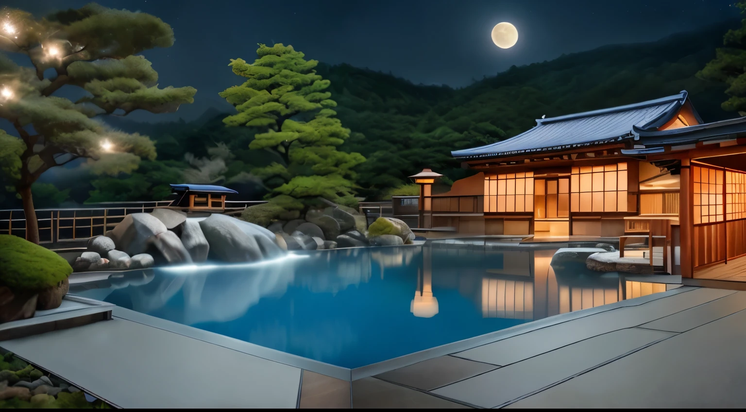 Commercial photography, real shoots, movies, photoreal.
Japanese hot springs, no one around, composition focusing on the hot springs, warm, full moon, starry sky. Hakone's luxury inns, hot springs,
Cozy, relaxing, HD, masterpiece. steam,