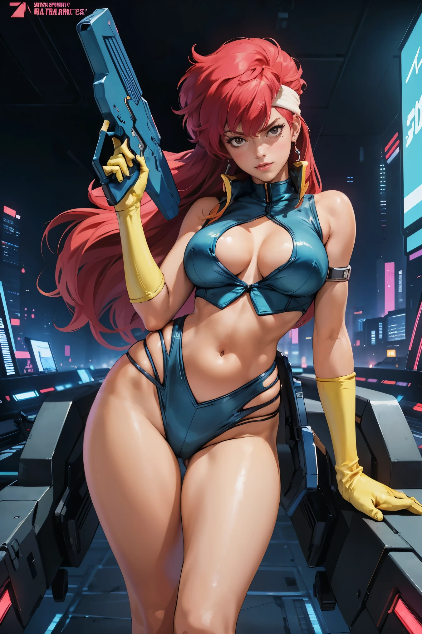 Yuri from The Dirty Pair, , wearing a tight outfit, skimpy, medium breast, (long hair), dark blue hair, beauty, cyberpunk city background, holding retro space-gun, cleavage, slim waist, slim thighs, thigh gap, (light yellow uniform), show belly