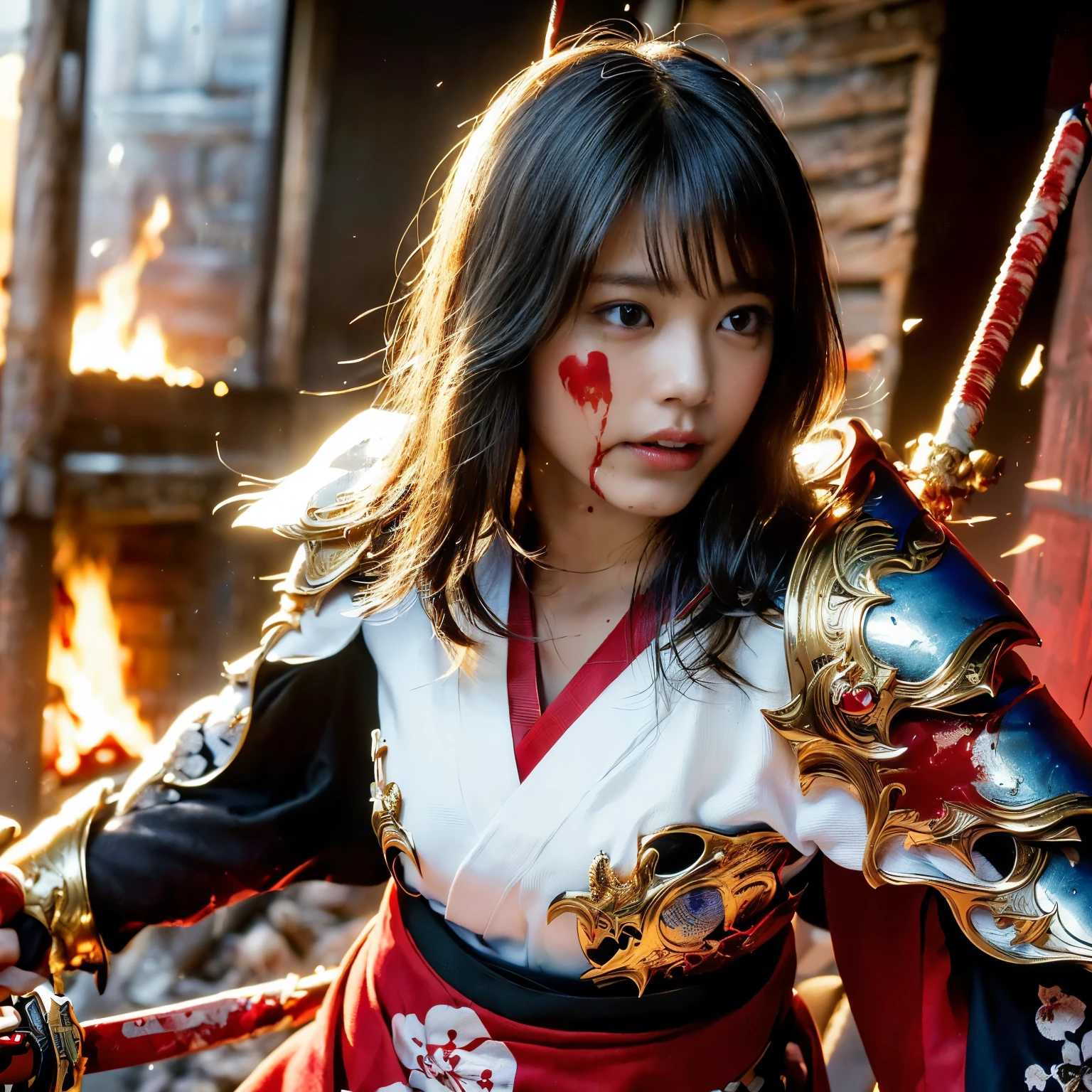 (((Realistic, masterpiece, best quality, crisp detail, high definition, high detail, rich detail, sharp focus, colorful, perfect studio lightning))), 20 years old assassin,((( in the middle of a war, kasumi arimura, severely wounded, slashed, stabbed by swords, pierced by arrows, attack stance, swinging katana))), wearing (((fully decorated golden armor, armored kimono, blood scattered face, blood tears, blood bath, blood shed))), (((fire everywhere, blood everywhere, death everywhere, japan bakumatsu period, dead bodies,carcass,burned japanese castle,hellish,chaos)) traditional village background)