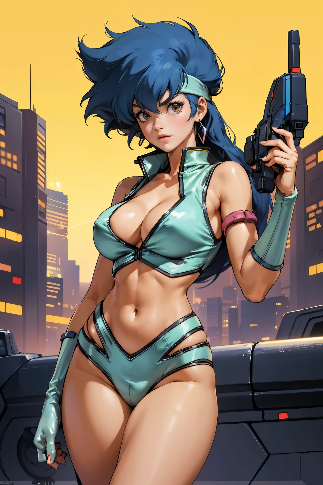 Yuri from The Dirty Pair, , wearing a tight outfit, skimpy, medium breast, (long hair), dark blue hair, beauty, cyberpunk city background, holding retro space-gun, cleavage, slim waist, slim thighs, thigh gap, (light yellow uniform), show belly