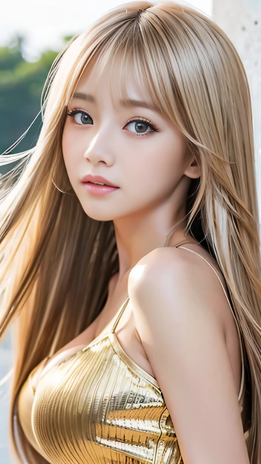 Sexy big breasts、 beautiful girl sexy cute looks and cute beautiful sexy face、A strong wind blows my hair in front of my face、Beautiful long metallic blonde straight hair with beautiful cute sexy eyes hidden in her long bangs