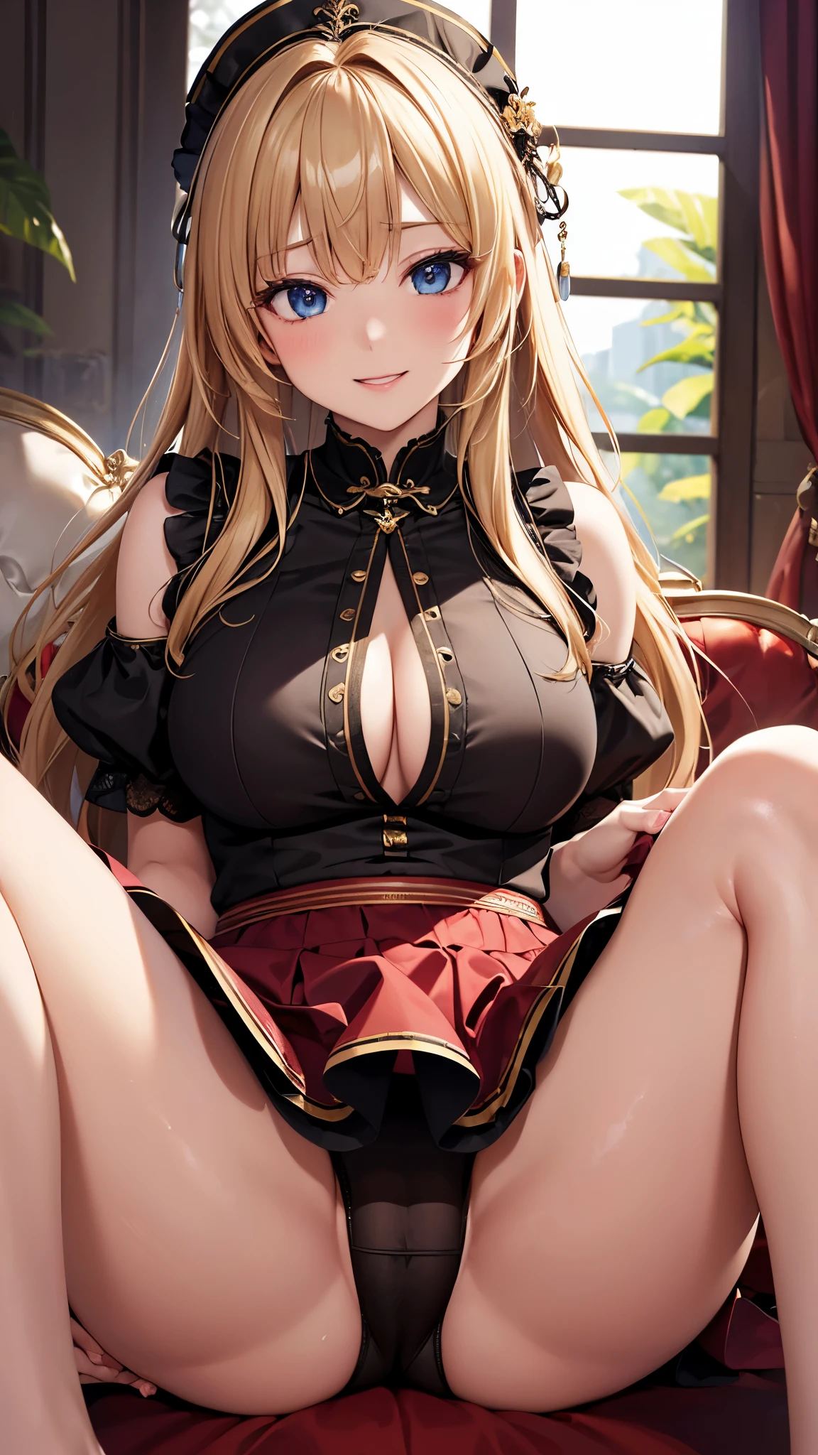 ((highest quality、High resolution、Highly detailed CG Unity 8K wallpaper))、detailed face、perfect body、unparalleled beauty、blonde、beautiful breasts、open your legs、Embarrassing erotic smile、elaborately decorated fancy dress、skirt、((She shows me her panties and seduces me))