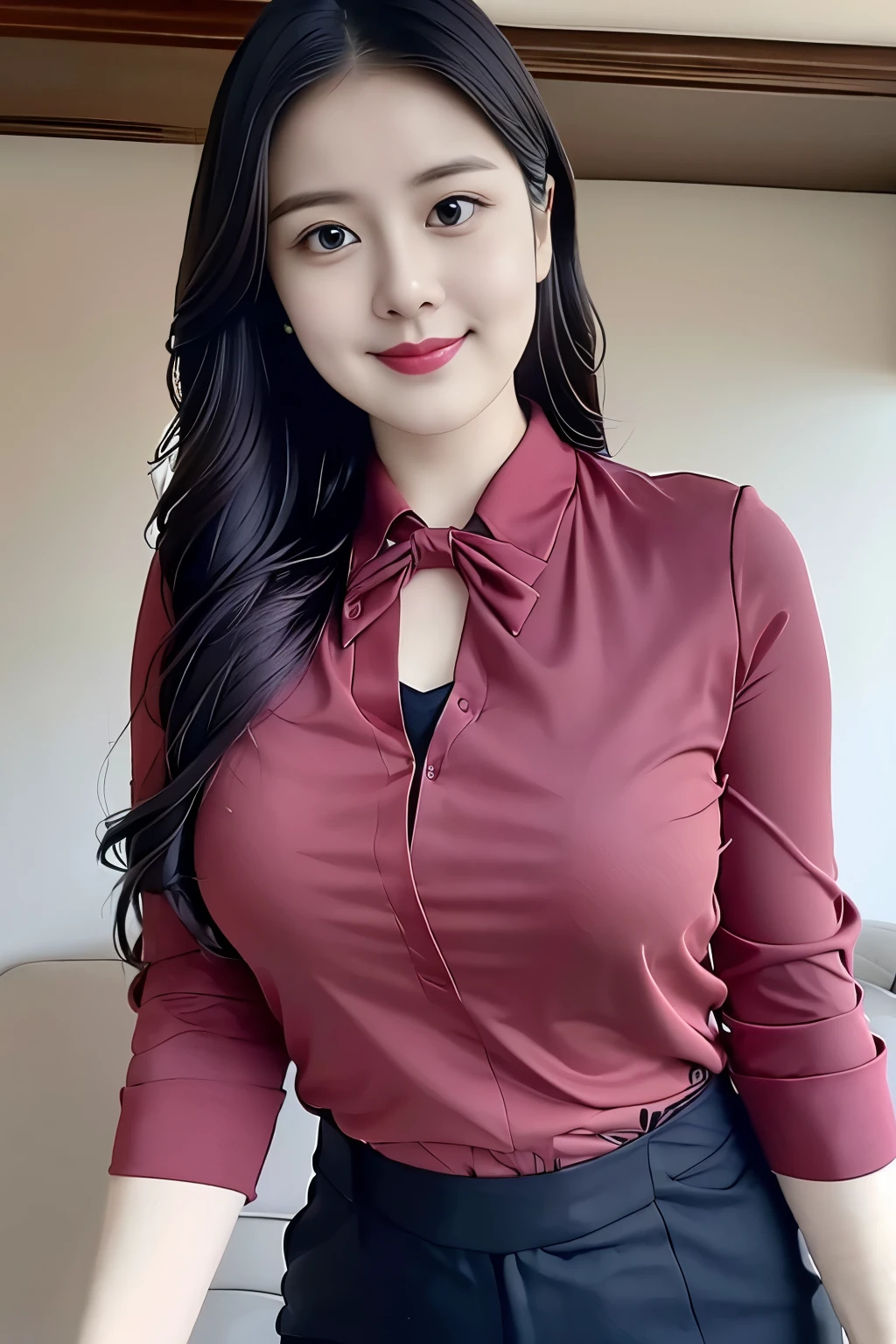 (top quality、8k、masterpiece:1.3))、30-year-old Korean woman,sharp focus, High level of image quality, high resolution,facial focus,Portrait ID photo,Upper body photo。Draw lips correctly, red lipstick,Wear a green shirt,red bow tie,green military uniform。wavy long hair,wavy long hair,Mature,charming smile,Pink warm color background,solid color background