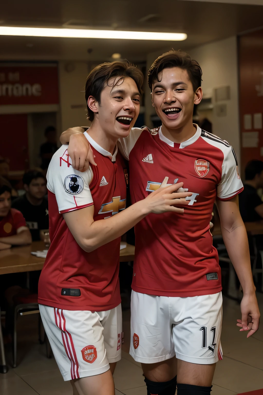 Boy cry with arsenal jersey and his friend laugh with man united jersey