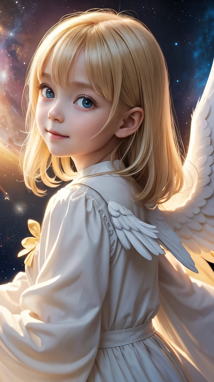 from front, looking straight at viewer, from above:1.2, toddler angel, gentle smile, big eyes, blonde, A neat god with sleeves that hide his chest々Dresses, god from behind々new light, Angel wings on the back, Glowing space background, Prayer-like pose, photorealistic