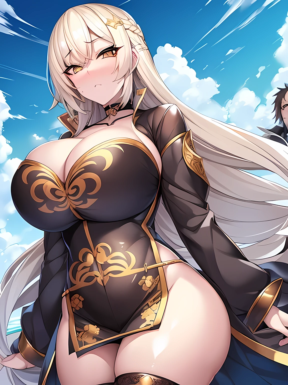 (masutepiece), (Look at the subjectivity), Golden Katana, (Oversized clothes:1.2), Miniskirt, ((Dark clothes)), Choker, (Bandaged hand), (Dark coat with ornate golden embroidery, Golden decoration), (White hair, Golden streaks on the hair), Yellow eyes, Thigh strap, (Neocity), (Clouds), Add_detail:1, hair over eyes, Hair over one eye, Colossal tits, Tits,, Hyper Maximum Size_breasts!! types of buberon,
