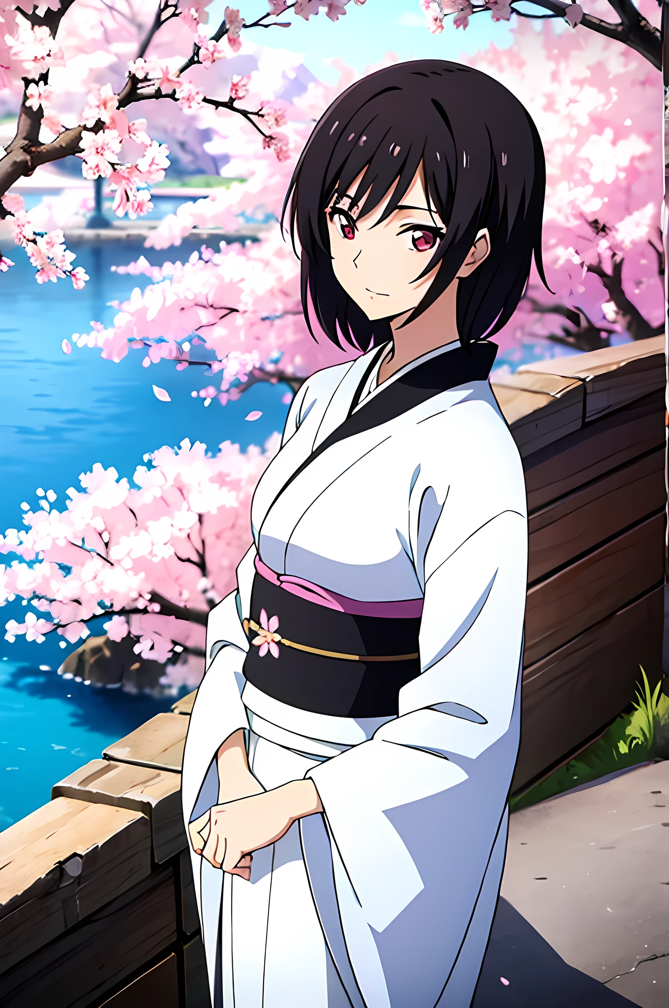 Beautiful woman, black hair, white kimono, warrior, background cherry blossoms