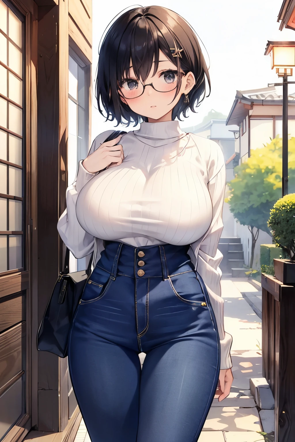 1 Japanese girl, glasses, blush, (slim body:1.2), (huge breasts:1.1), (slender legs:1.1), short hair, black hair, black sweater, jeans,Glasses