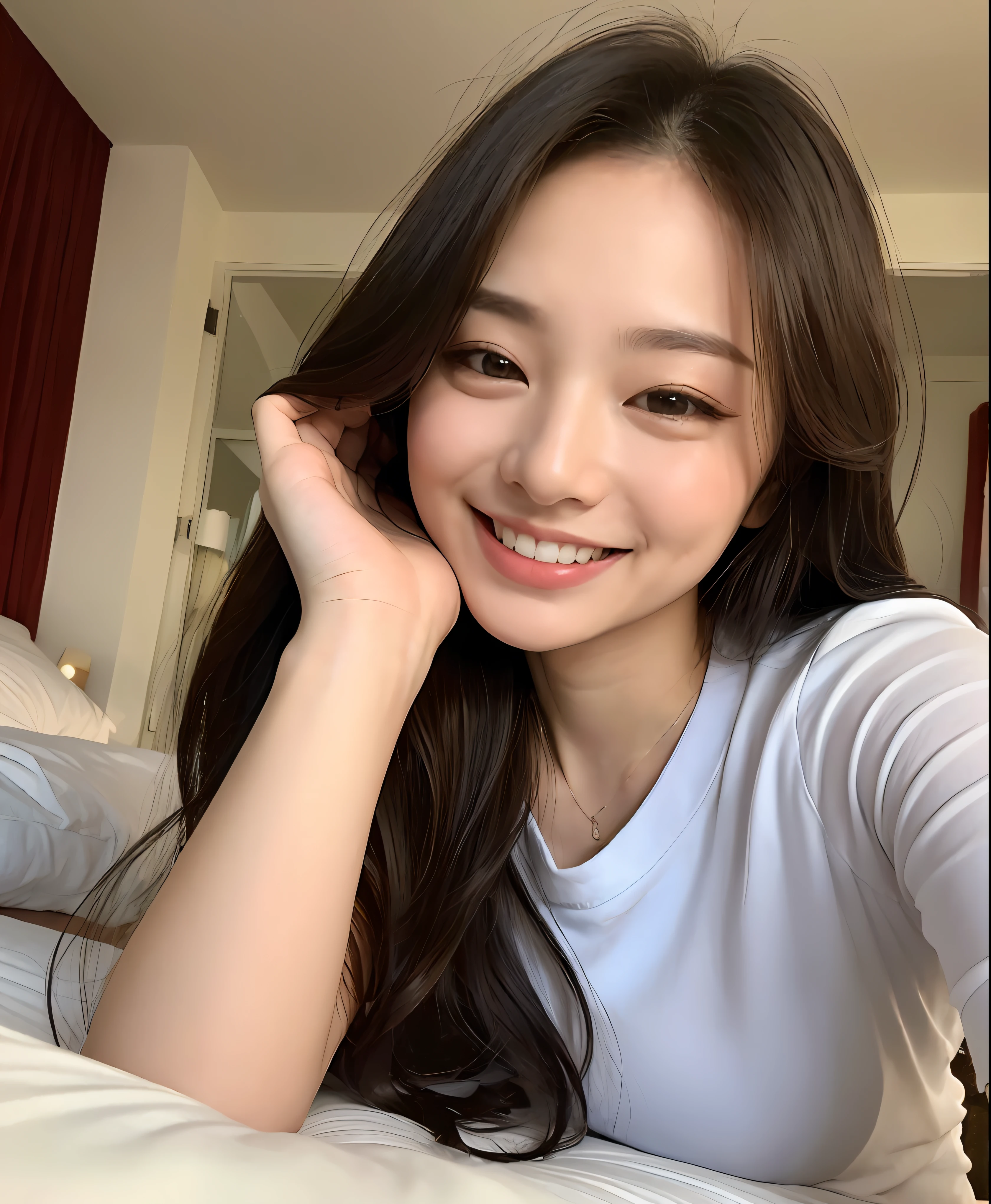 ((top-quality、8K、masterpiece:1.3))、1girl in、Beautiful woman with plump abs emphasized:1.3、(The long-haired、Colossal tits:1.2)、Sleep in a hotel、Lying in pajamas、Super delicate face、wholesome、double eyelid、A smile that showed teeth、Random color clothes、Looking at the camera、Big smile、Look here、Look at me with your eyes wide open、Cozy feeling、Sleeping in bed