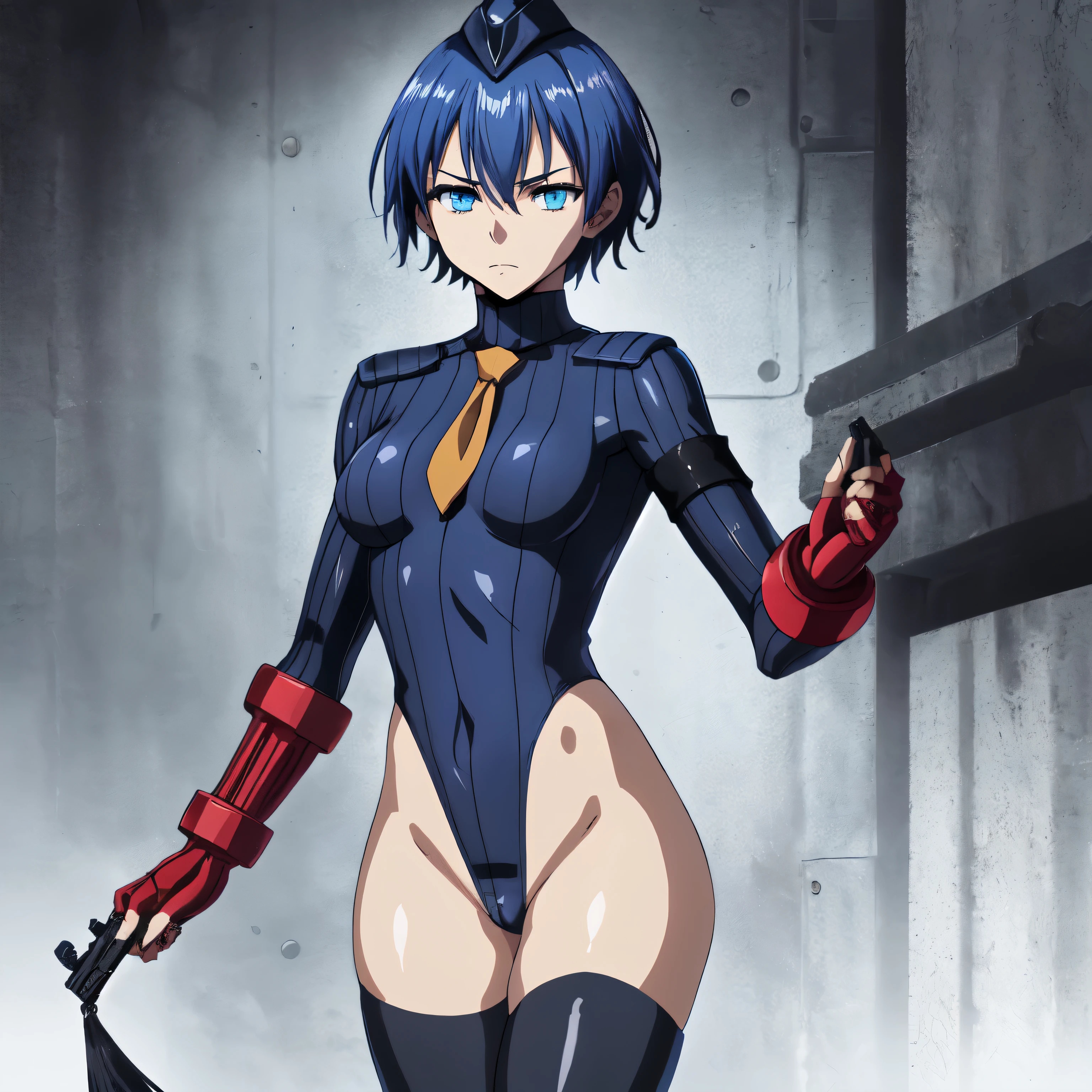ultra-detailed, Explicit, Beautiful body, Beautiful Nose, Beautiful character design, perfect eyes, perfect face, ultra highres, 4K, beautiful legs, perfect legs, Nice hands, Perfect hand, Masterpiece, Best Quality, Highly detailed, illustration, absurdres, perfect anatomy, street fighter, doll suit, shadaloo doll, dollsuit, expressionless, blank eyes, looking at viewer, red gloves, emotionless, black latex, corruption, mind control, female combatant, full body, hypnotized, unhappy trance, full body suit, ribbed bodysuit, both arms at side, obey, perfect female body, extremely glossy latex, hypnosis, hypnoLora, empty eyes, Mind control device, poses, submissive_pose, Slave, standing straight, standing, standing at attention, hat, necktie, belt, latex, ribbed bodysuit, thighhighs, garter belt, Fighting Stance, extending the right arm from the shoulder into the air with a straightened hand, military, thigh boots, black pantyhose, (((pixel-perfect, detail-perfect))), solo, 1girl, hair ornaments, short hair, blue hair, blue eyes, Flat breast, azuma-tokaku, Akuma no Riddle, holding gun, gun