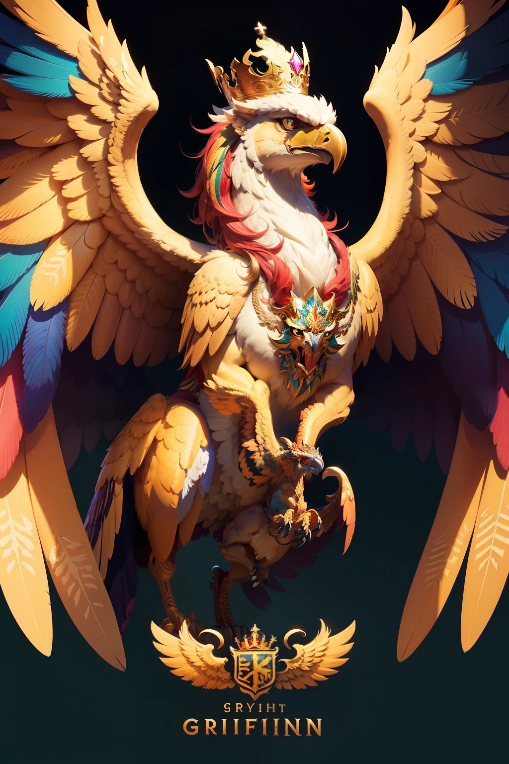 Game-style logo of a majestic Griffin with a crown, adorned in vibrant colors and intricate details, proudly displaying its wings spread wide, ready to embody power and royalty.