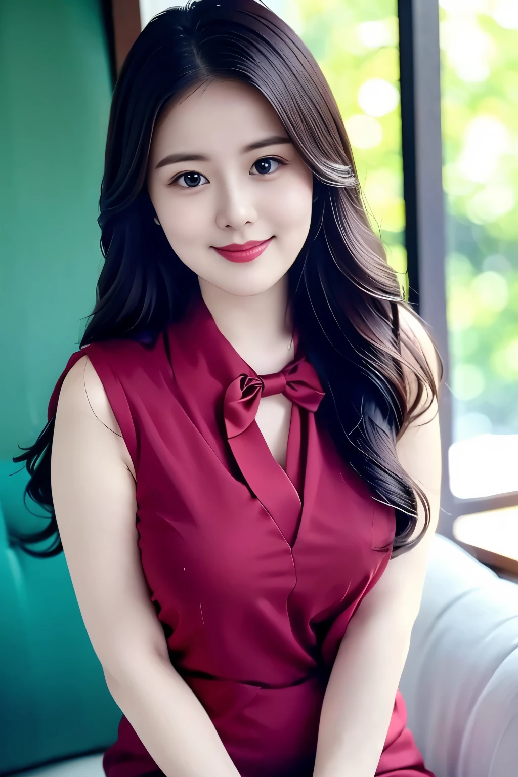 (top quality、8k、masterpiece:1.3))、30-year-old Korean woman，sharp focus, High level of image quality, high resolution，facial focus，Portrait ID photo，Upper body photo。Draw lips correctly, red lipstick，Wear a green shirt，red bow tie。wavy long hair，wavy long hair，Mature，charming smile，Pink warm color background，solid color background