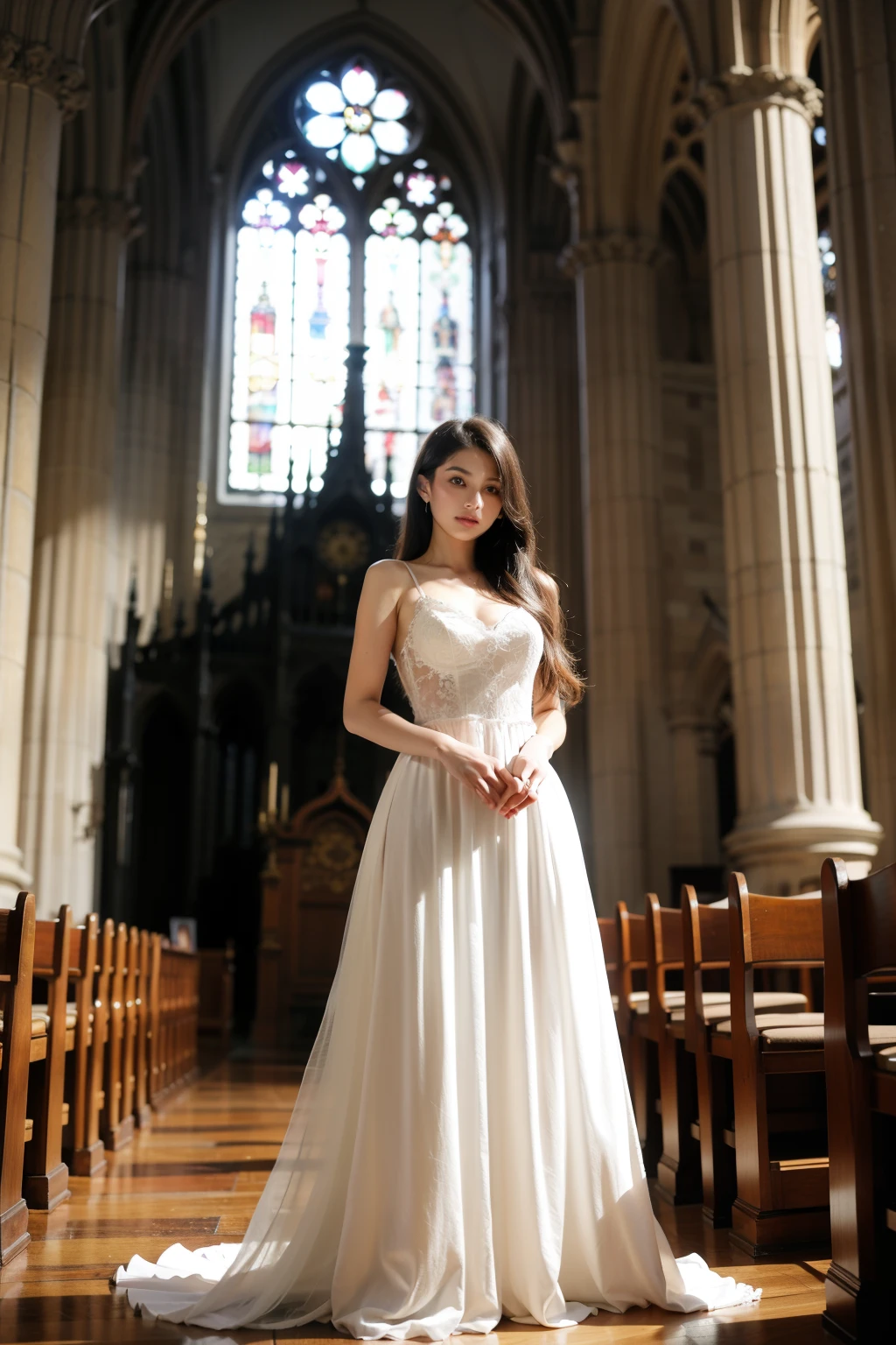 ((best quality)), ((masterpiece)), (detailed), perfect face, arafed woman in a long dress standing in church, korean beauty, Behind her is a gothic cathedral, standing in church, Wearing a gothic dress, in a big cathedral, Gothic and Baroque, Inside an epic gothic castle, Wearing a fancy dress, Neo-Gothic concept, beige open dress, nice elegant pose, with heavenly light, in the castle