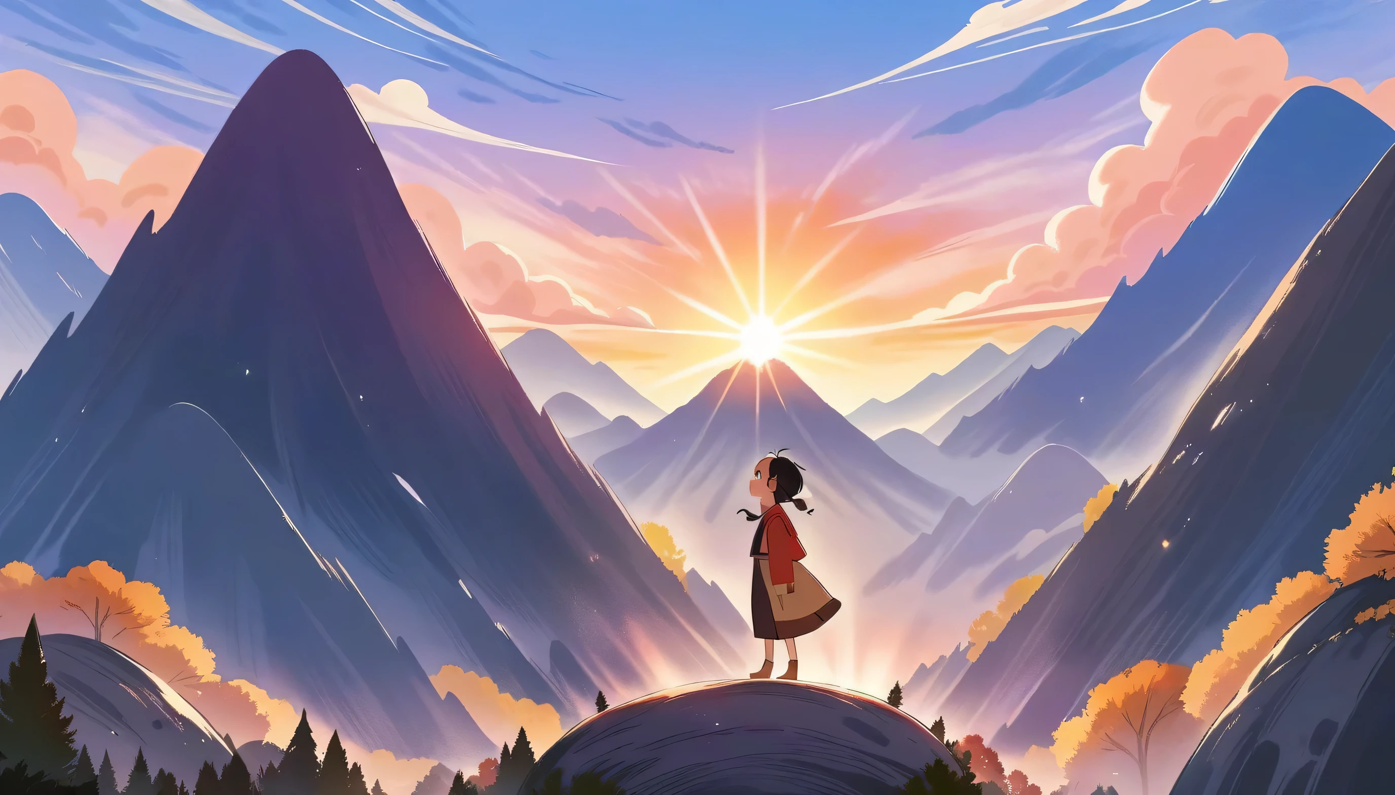 masterpiece, best quality, studi ghibli, A majestic sunrise over a mountain range, casting golden hues across the sky.