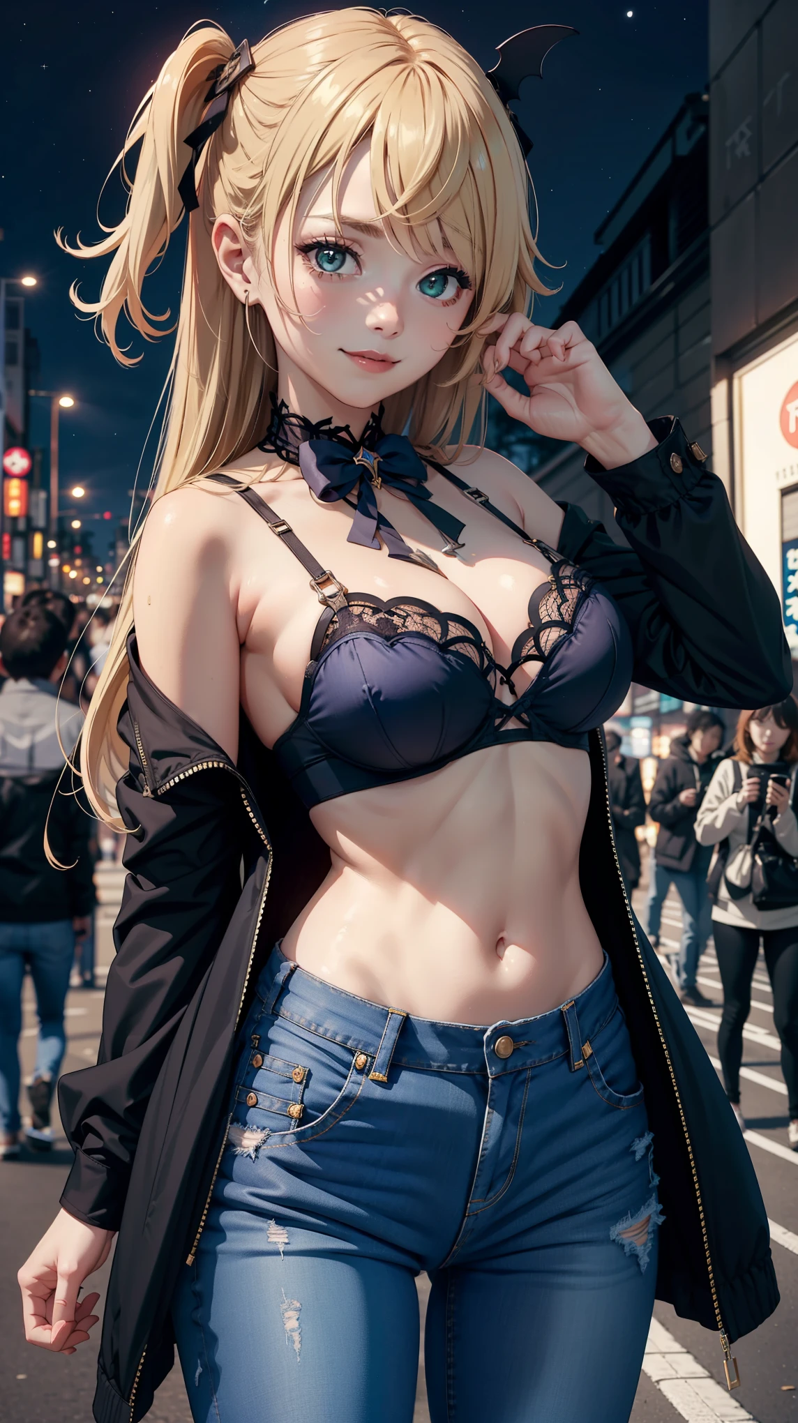 Masterpiece, high quality, 4k, large breast, cleavage, black bra, outdoor, dynamic poses, jeans, navel, smile, (night:1.5), cowboy shot, modeling, tokyo, crowds, standing, detailed face, black coat, (fischlrnd)