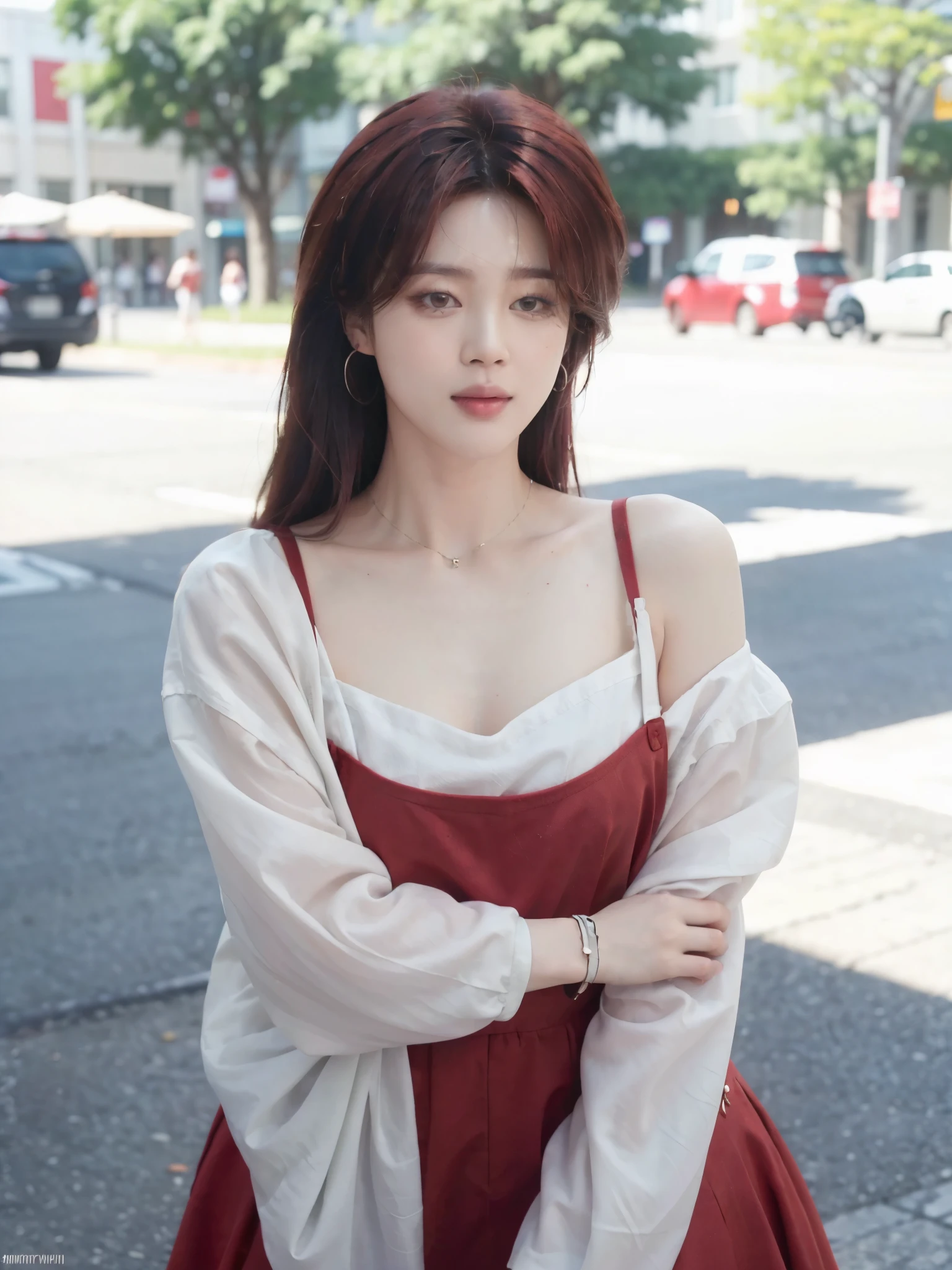 park jimin of bts, female version, red hair, beautiful detailed lips, charismatic smile, stylish outfit, confident expression, natural lighting, vibrant colors, dynamic pose, korean’s urban background, photorealistic rendering, high-res image, long hair 