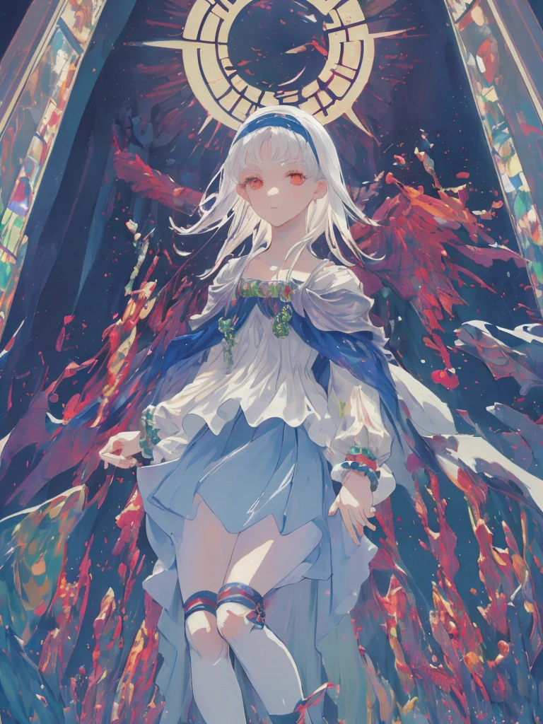 (high-quality), (expressive eyes, perfect face) (masterpiece, anime), highly detailed, intricated, deep red eyes, focused eyes, 1 adult woman, 1 girl, solo, goddess, divine, long billowing dress intricately detailed to the pixels, jewel accessories, silver pendant, silver bracelets, white dress, white hair, long hair, pale skin, vampire skin, ghostly, white skirt, short skirt, white stockings, white long socks, flat shoes, blue capelet, blue headband, perfect anatomy, dynamic, blue moon, dynamic pose, drinking red wine, drinking blood, blood stained, stained glass, indoors, colourful,
