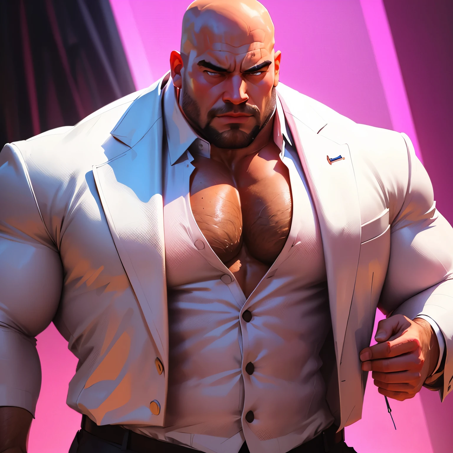 an exaggeratedly muscular and large bald bodyguard, dressed in a white formal suit, (unbuttoned: 1.2), (exposed pecs: 1.1), (bara pecs: 1.3), (hairy pecs: 1.1), portrait HD, pink background light