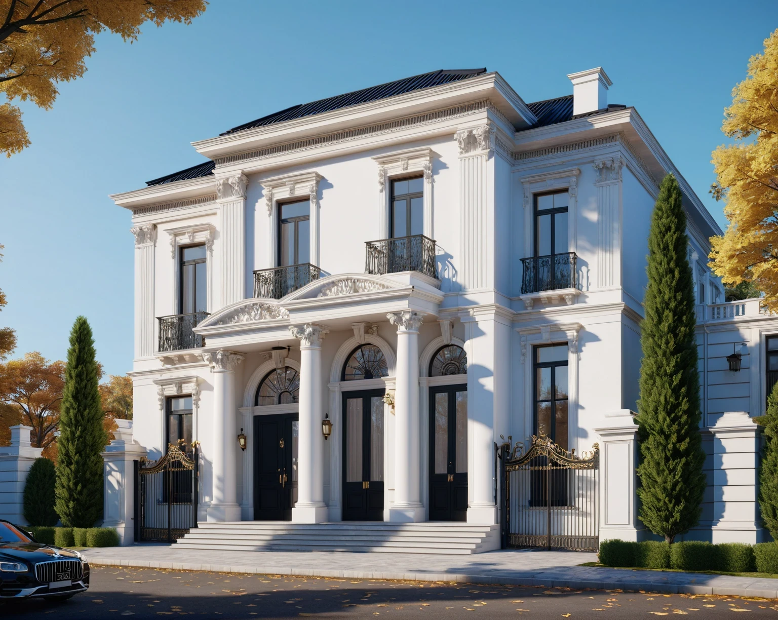 RAW photo, masterpiece, arafed house with a car parked in front of it, neo - classical style, rendered in lumion pro, classicism style, classicism artstyle, lumion render, rendered in lumion, architectural visualization, neoclassical style, in style of classicism, white light sun, rendered in vray, rendered in v-ray, rendered in unreal engine 3d, (photorealistic:1.2), best quality, ultra high res, exterior, architechture,modern house,(white wall:1.5), (detail gate black:1.4), (photorealistic:1.5), best quality, ultra high res, exterior,architechture,neoclassic house,(white wall:1.2), (detailed reliefs:1.2), (The front 1st floor has 4 windows), (the right side 1st floor has 4 windows), (the main side has three-step stairs), (the right side has three-step stairs) ,glass windows,,trees,traffic road, blue sky,in the style of realistic hyper-detailed rendering, luxury neoclassical villa, in the style of neoclassical scene, glass windows, (white navy roof:1.2), best quality, (straight strokedetail:1.1) roof top, (Intricate lines:1.5), ((Photorealism:1.5)),(((hyper detail:1.5))), archdaily, award winning design, (dynamic light:1.3), (night light:1.2), (perfect light:1.3), (shimering light :1.4),  refection glass windows, (curved line architecture arch:1.2), trees, beautiful sky, photorealistic, FKAA, TXAA, RTX, SSAO, Post Processing, Post-Production, CGI, VFX, SFX, Full color,((Unreal Engine 5)), Canon EOS R5 Camera + Lens RF 45MP full-frame CMOS sensor, HDR, Realistic,8k,((Unreal Engine 5)), Cinematic intricate detail, extreme detail, science, hyper-detail, FKAA, super detail, super realistic, crazy detail, intricate detail, nice color grading, reflected light on glass, eye-catching wall lights, unreal engine 5, octane render, cinematic, trending on artstation, High-fidelity, Viwvid, Crisp, Sharp, Bright, Stunning, ((Lifelike)), Natural, ((Eye-catching)), Illuminating, Flawless, High-quality,Sharp edge rendering, medium soft lighting, photographic render, detailed archviz