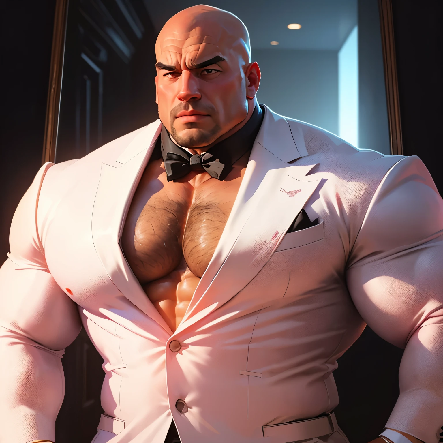an exaggeratedly muscular and large bald bodyguard, dressed in a white formal suit, (unbuttoned: 1.2), (exposed pecs: 1.1), (bara pecs: 1.3), (hairy pecs: 1.1), portrait HD, pink background light